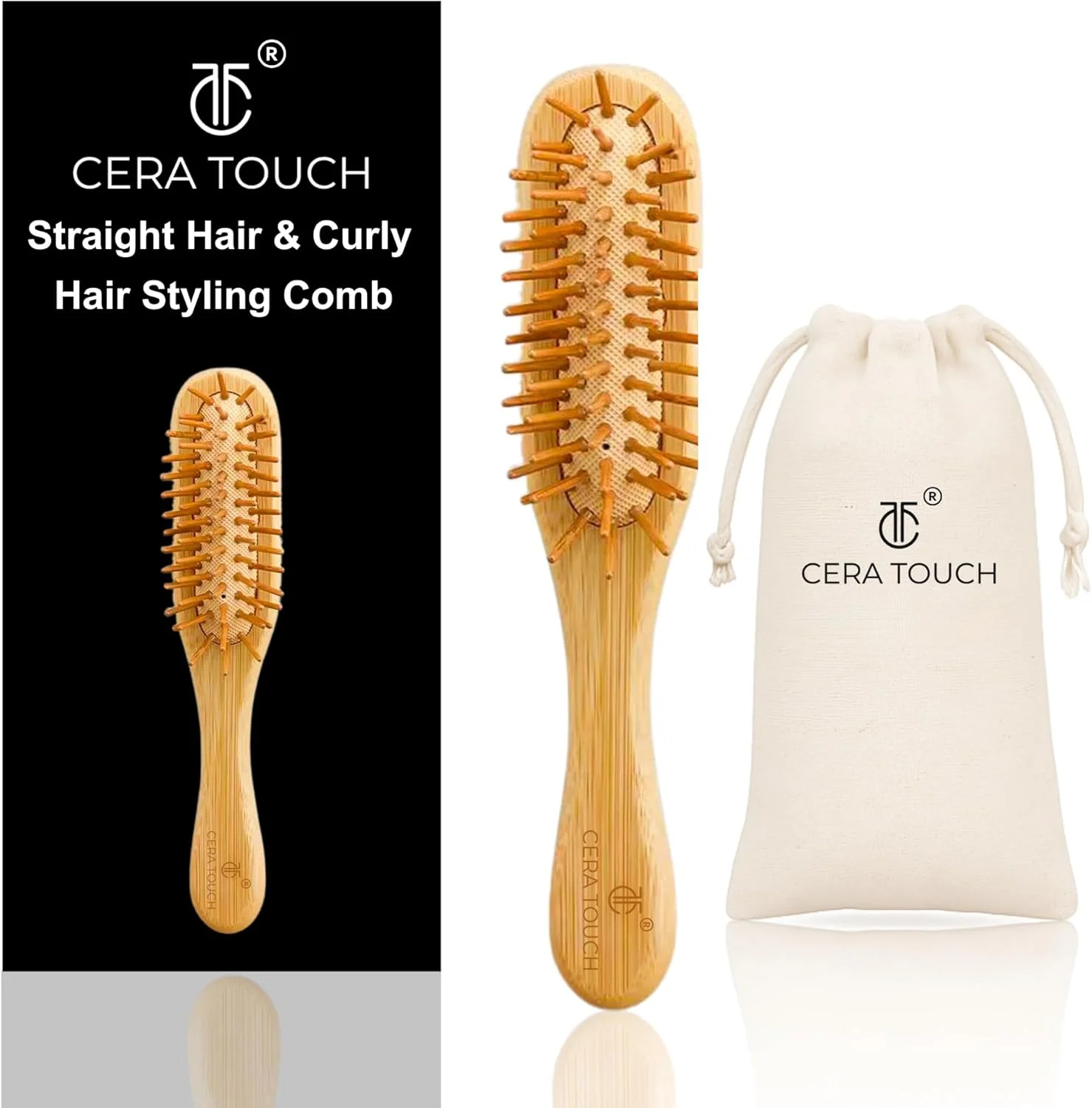 برس مو بامبو مینی Cera Touch - برس موی بامبو قابل حمل برای باز کردن گره و ماساژ پوست سر، برس موی چوبی برای موهای صاف و بدون وز - برس موی چوبی ایده آل برای زنان، مردان و کودکان.