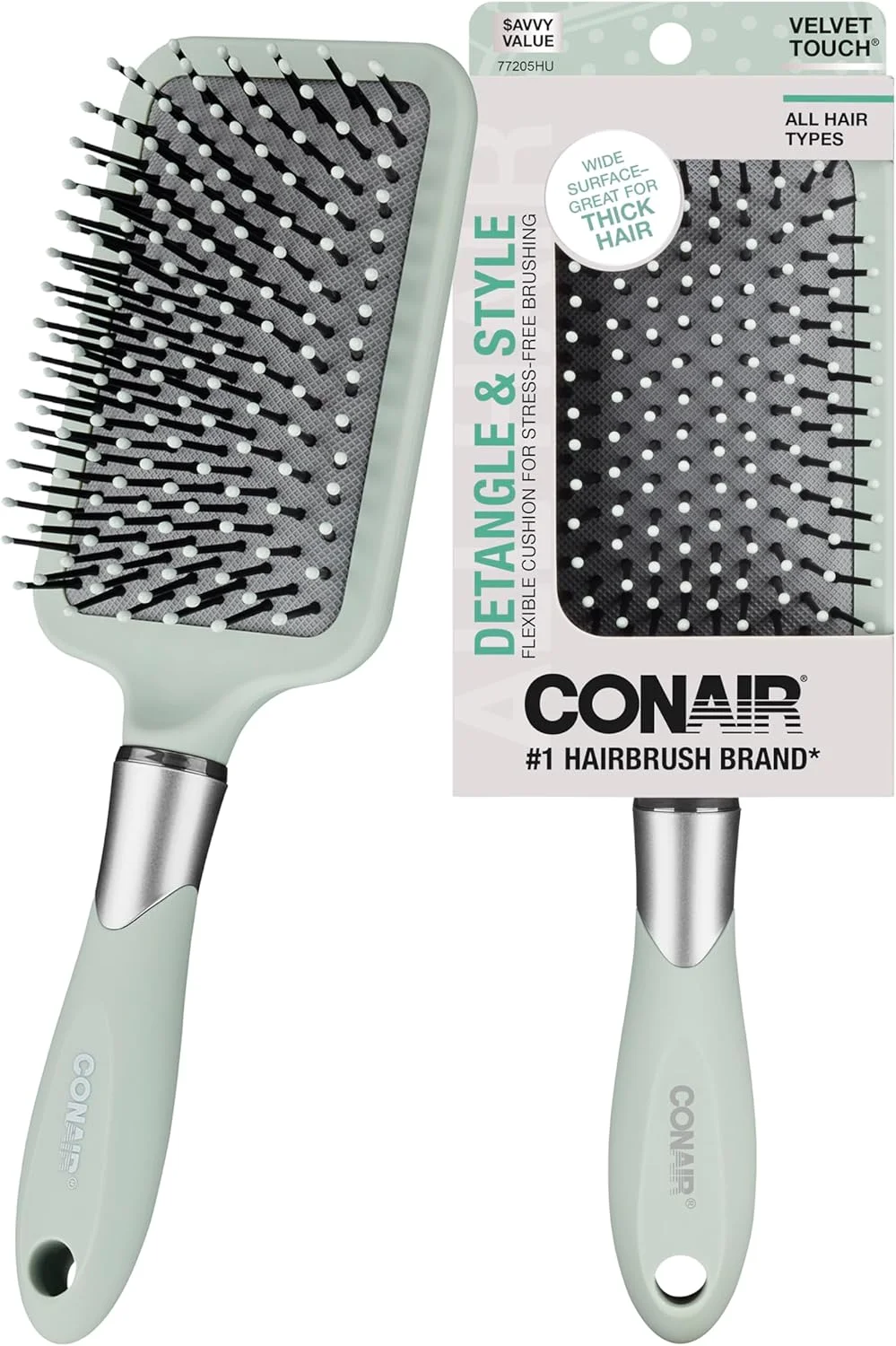 برس مو Conair Velvet Touch - برس باز کننده گره مو - ایده آل برای انواع مو - بالشتک پارویی - دسته لمسی نرم - رنگ ها به صورت تصادفی - 1 عدد