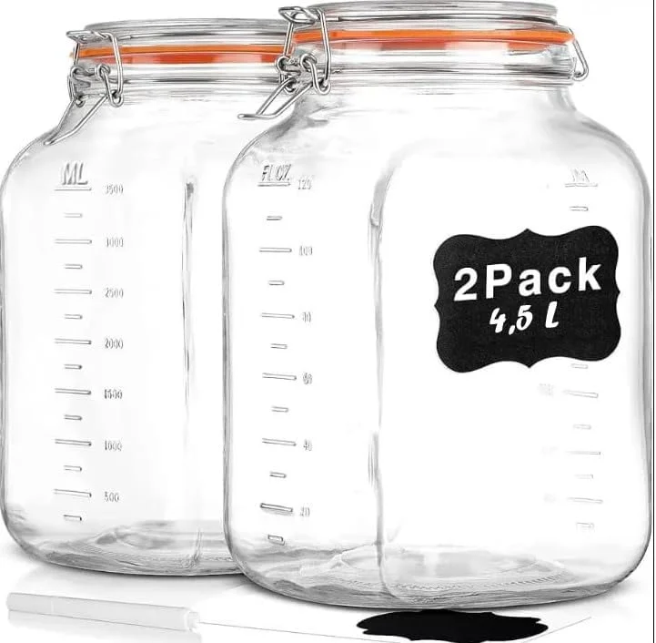 ست 2 عددی ظروف شیشه ای درب کلیپسی Premify، ظروف شیشه ای 4 و 5 لیتری به همراه برچسب، قلم و واشر، برای نگهداری مواد غذایی در آشپزخانه، عمل آوری، تخمیر و حفظ مواد