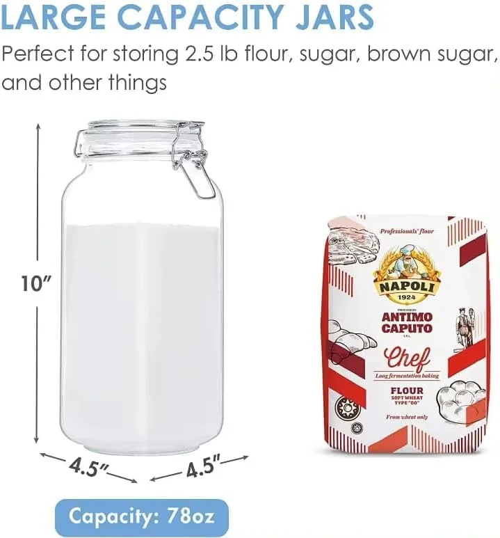 ست 3 عددی شیشه های مربعی بزرگ پریمایفای با درب گیره ای – ظرفیت 2300 میلی لیتر، مناسب برای نگهداری مواد غذایی، سازماندهی آشپزخانه و انبار، ایده آل برای شکر، آرد، غلات، کلوچه و غیره، همراه با برچسب ست 3 عددی شیشه های مربعی بزرگ پریمایفای با درب گیره ای – ظرفیت 2300 میلی لیتر، مناسب برای نگهداری مواد غذایی، سازماندهی آشپزخانه و انبار، ایده آل برای شکر، آرد، غلات، کلوچه و غیره، همراه با برچسب