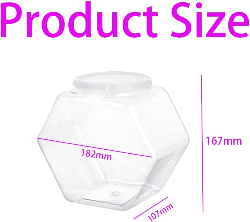 ظرف پلاستیکی دهان گشاد برای آبنبات، ظروف شیرینی قابل استفاده مجدد، ظروف کوکی شش ضلعی برای آشپزخانه، ظروف شش ضلعی درب دار برای مواد غذایی خشک، آبنبات، تنقلات، کوکی ها، صنایع دستی، پودر لباسشویی، غذای سگ، غلاف قهوه (شفاف)
