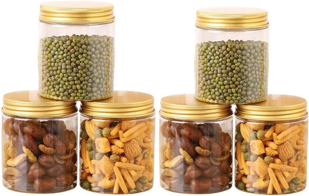 ست 6 عددی بطری/شیشه پلاستیکی شفاف 500 میلی لیتری با درب های طلایی راه راه، ظروف پلاستیکی ضد نشت برای نگهداری، ظروف اسلایم برای آشپزخانه، ادویه، لوازم آرایشی، صنایع دستی DIY