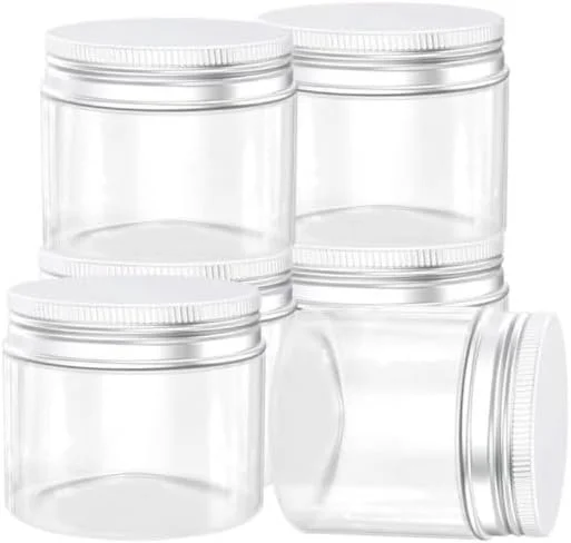 ست 4 عددی بطری/شیشه پلاستیکی شفاف 250 میلی لیتری با درب های نقره ای دنده دار، ظروف پلاستیکی ضد نشت برای نگهداری، ظروف اسلایم برای آشپزخانه، ادویه، لوازم آرایشی، صنایع دستی