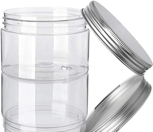 ست 4 عددی بطری/شیشه پلاستیکی شفاف 250 میلی لیتری با درب های نقره ای دنده دار، ظروف پلاستیکی ضد نشت برای نگهداری، ظروف اسلایم برای آشپزخانه، ادویه، لوازم آرایشی، صنایع دستی