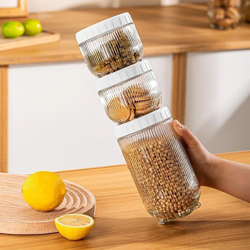 ست ظروف آشپزخانه قابل انباشت پلاتو، ظروف شیشه ای شفاف با درب محکم، مناسب برای نگهداری مواد غذایی مانند شیرینی، کلوچه، برنج، شکر، آرد، پاستا و آجیل (3 تکه)