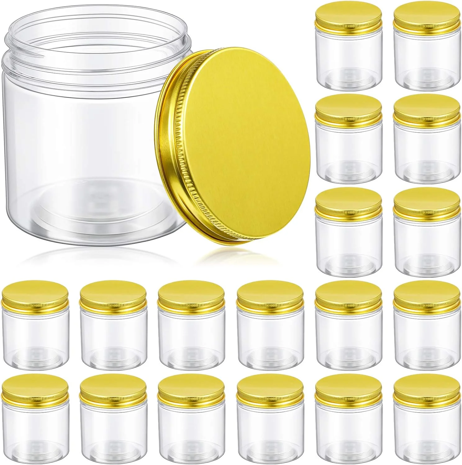 پاتلای 18 عدد ظروف پلاستیکی با درب، ظروف شفاف قابل شارژ مجدد لوازم آرایشی، ظروف نگهداری آشپزخانه با درب برای لوازم آرایشی، مواد غذایی و ادویه جات (6.5 x 6.5 x 6.5 سانتی متر، درب طلایی)