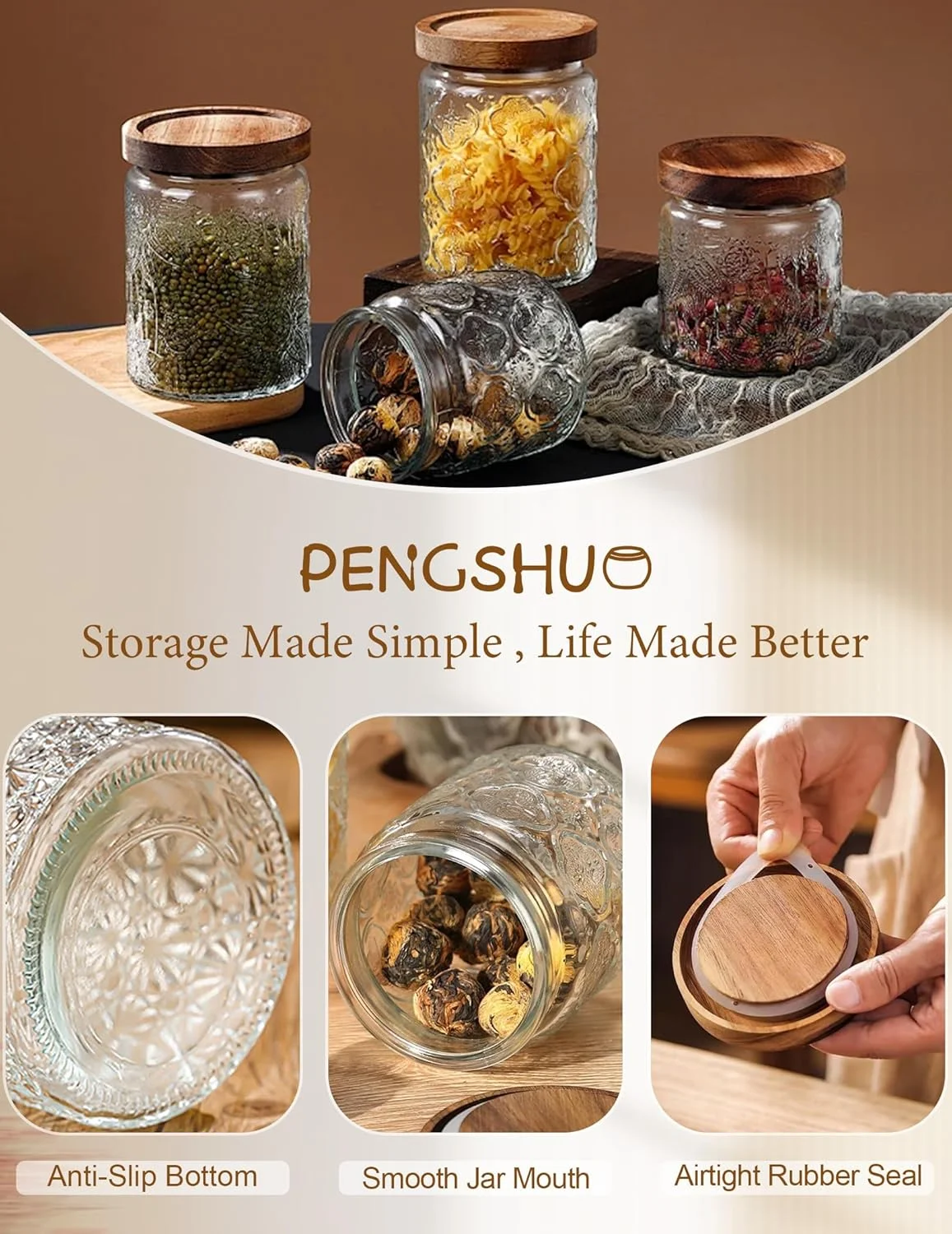 ظرف شیشه ای ذخیره سازی قدیمی PENGSHU با درب - قوطی مواد غذایی با درب چوبی دهان گشاد، شیشه دهان گشاد بدون هوا، ظرف تزئینی، برای آشپزخانه، انبار، حمام، قهوه، آب نبات، چای، جو دوسر، 24 اونس، گل بگونیا گرد