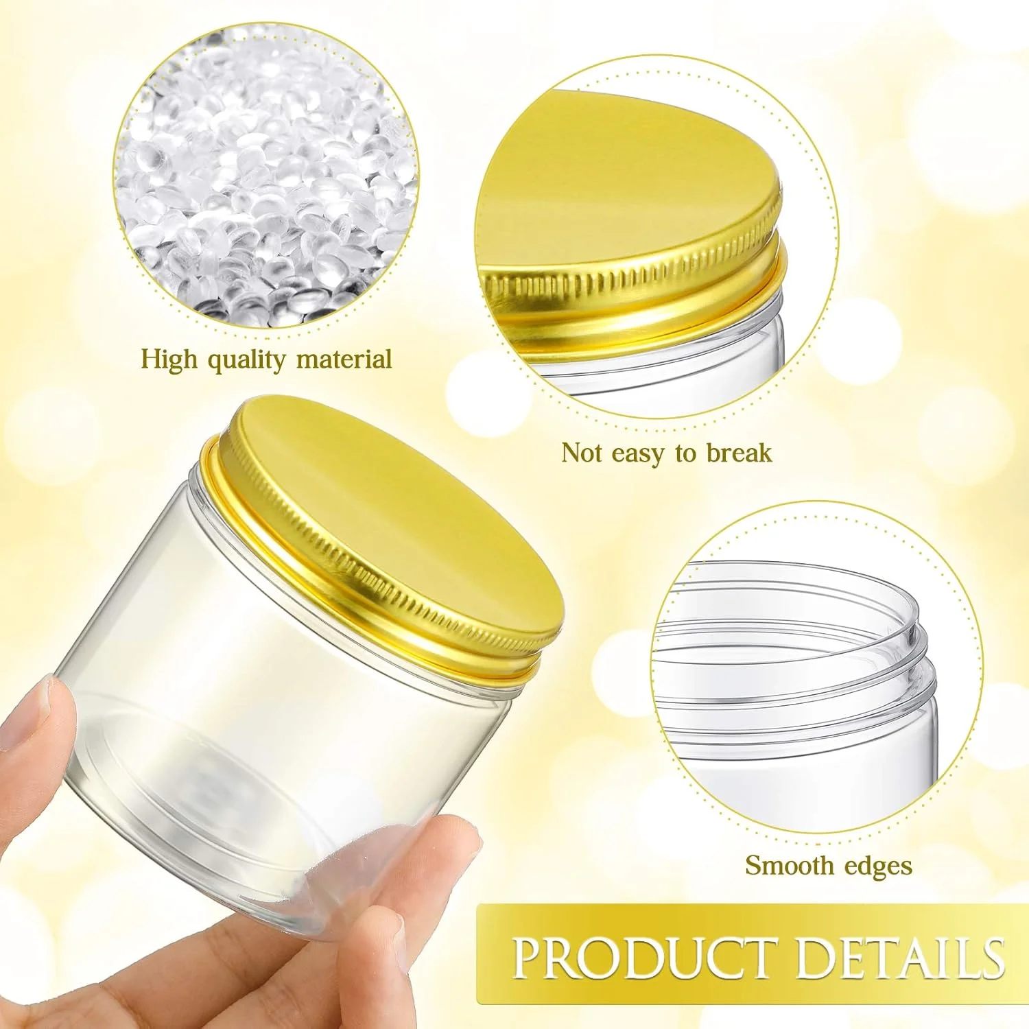 پاتلای 18 عدد ظروف پلاستیکی با درب، ظروف شفاف قابل شارژ مجدد لوازم آرایشی، ظروف نگهداری آشپزخانه با درب برای لوازم آرایشی، مواد غذایی و ادویه جات (6.5 x 6.5 x 6.5 سانتی متر، درب طلایی)