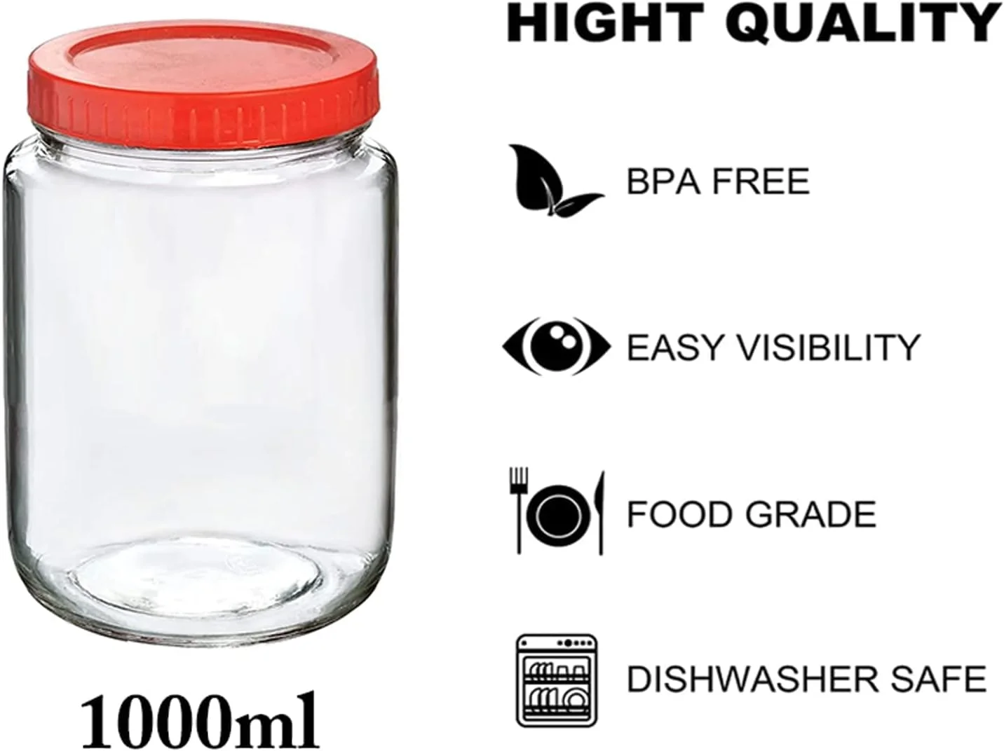 ظروف شیشه ای گرد پیرامل گلس، ظروف شفاف برای انبار آشپزخانه، تنقلات، ادویه جات، ترشیجات، میوه های خشک، نگهداری دانه های قهوه با درب پلاستیکی قرمز (مجموعه 6 عددی) (درب قرمز گرد 1000 میلی لیتری)