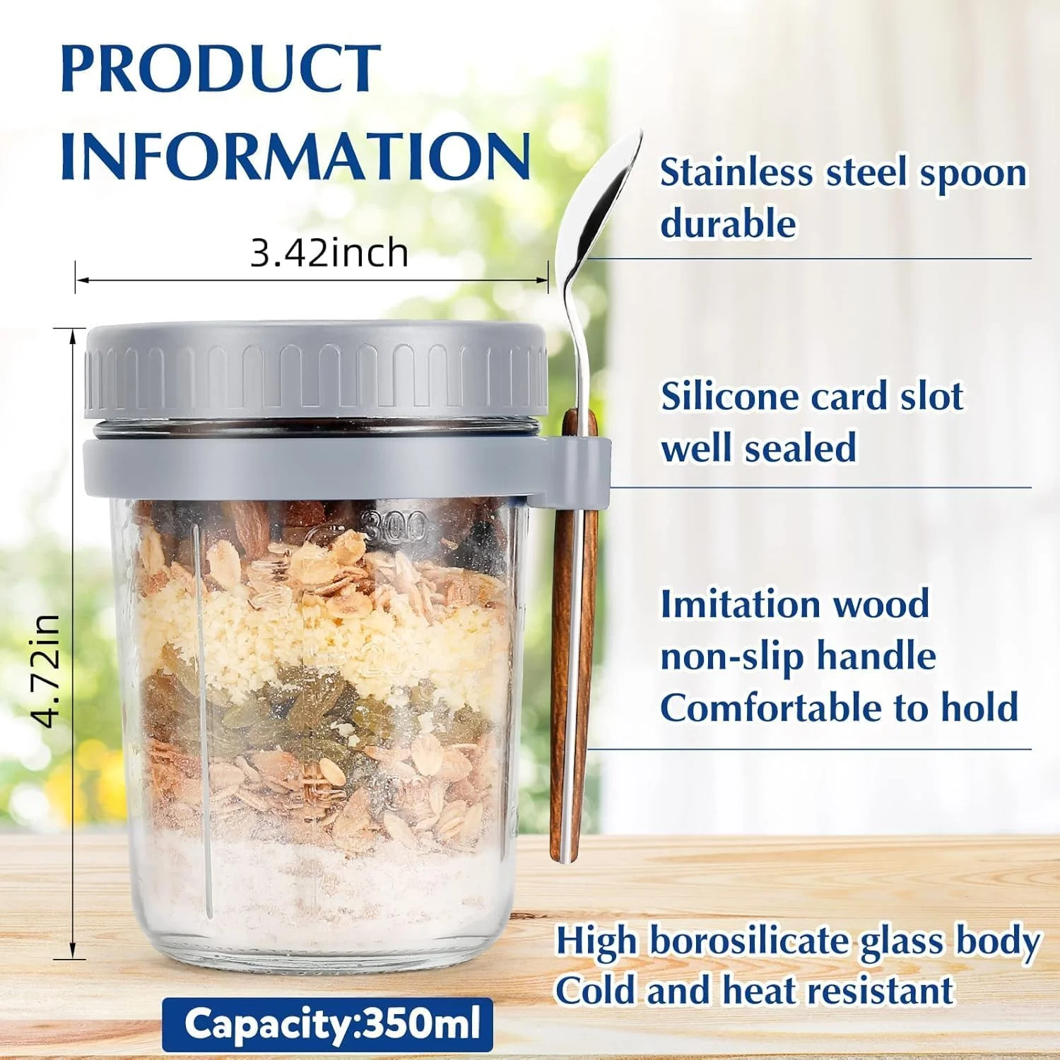ظروف جار Pecbase با قاشق و درب، ظرف جو دوسر هواگیر با علائم اندازه گیری، ظروف جار با درب برای غلات در حال حرکت (خاکستری)