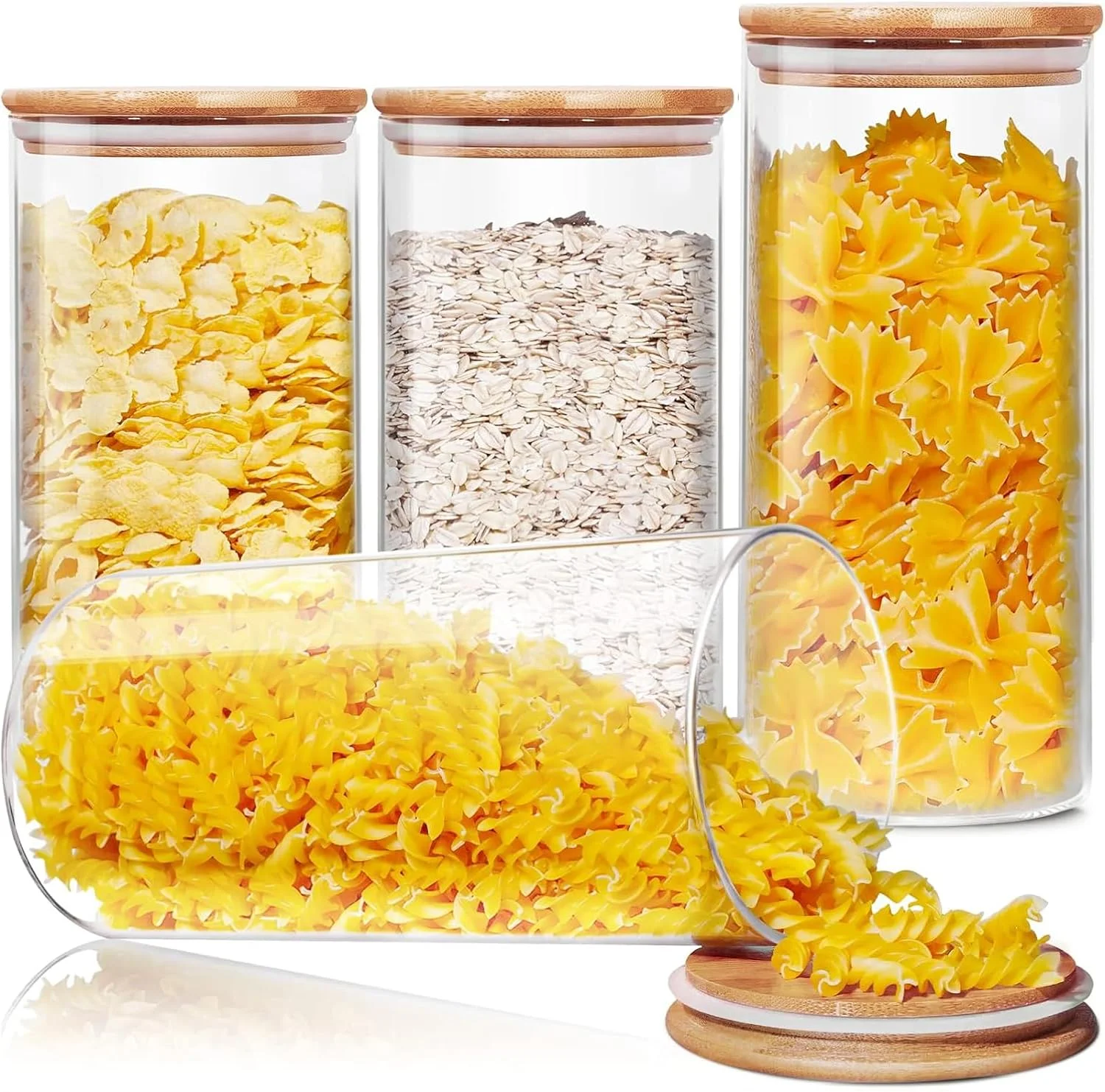 ظروف شیشه ای ذخیره سازی مواد غذایی Pecbase، بسته 4 عددی ظروف نگهداری مواد غذایی با درب های چوبی بامبو برای آشپزخانه مناسب برای جو دوسر، قهوه، شکر، برنج، ظروف شیشه ای برای آشپزخانه (111-03)