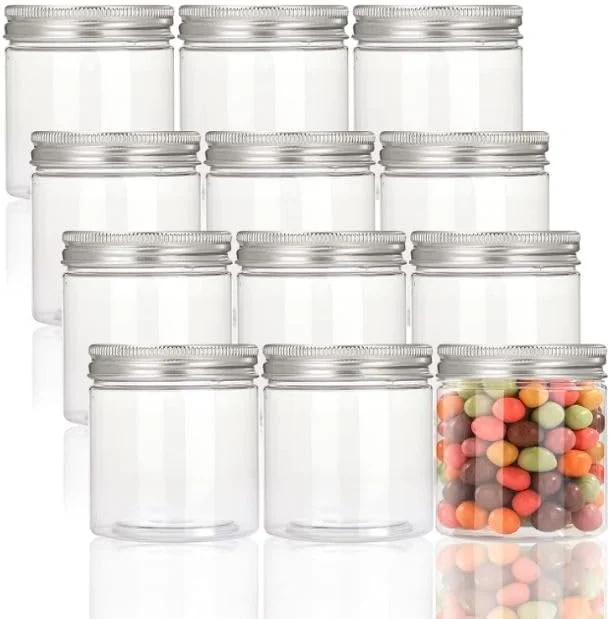 بسته 12 عددی بطری/شیشه پلاستیکی شفاف 500 میلی لیتری با درب های نقره ای راه راه، شیشه های پلاستیکی ضد نشت برای نگهداری آشپزخانه، ادویه جات، لوازم آرایشی، صنایع دستی DIY