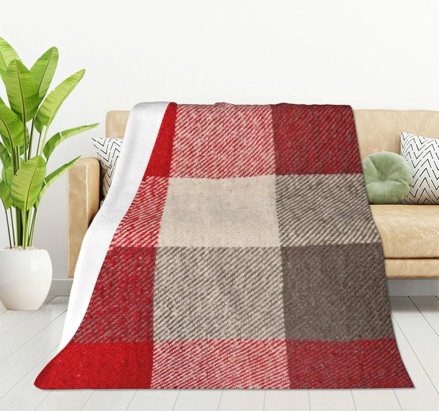 HGOD DESIGNS پتو طرح چهارخانه قرمز خاکستری، پتو نرم و گرم پشمی برای مبل، تخت و دکوراسیون اتاق نشیمن، 130x150 سانتی متر