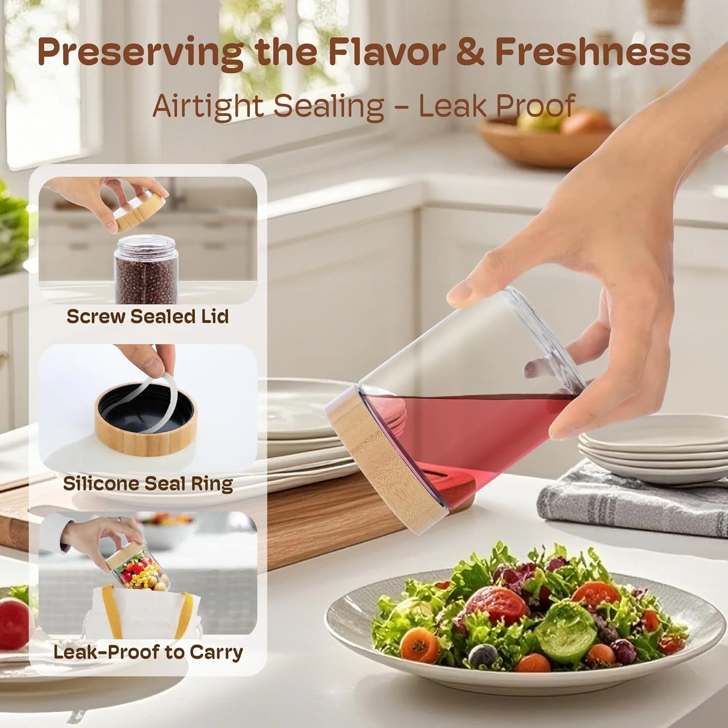 ظروف جو دوسر یک شبه 473 میلی لیتری با درب، شیشه های مربا با درب بامبو، شیشه های آماده سازی غذا با درب های محکم برای ماست، سالاد، دانه چیا، شیشه دهان گشاد با درب برای نگهداری مواد غذایی - بسته 6 عددی