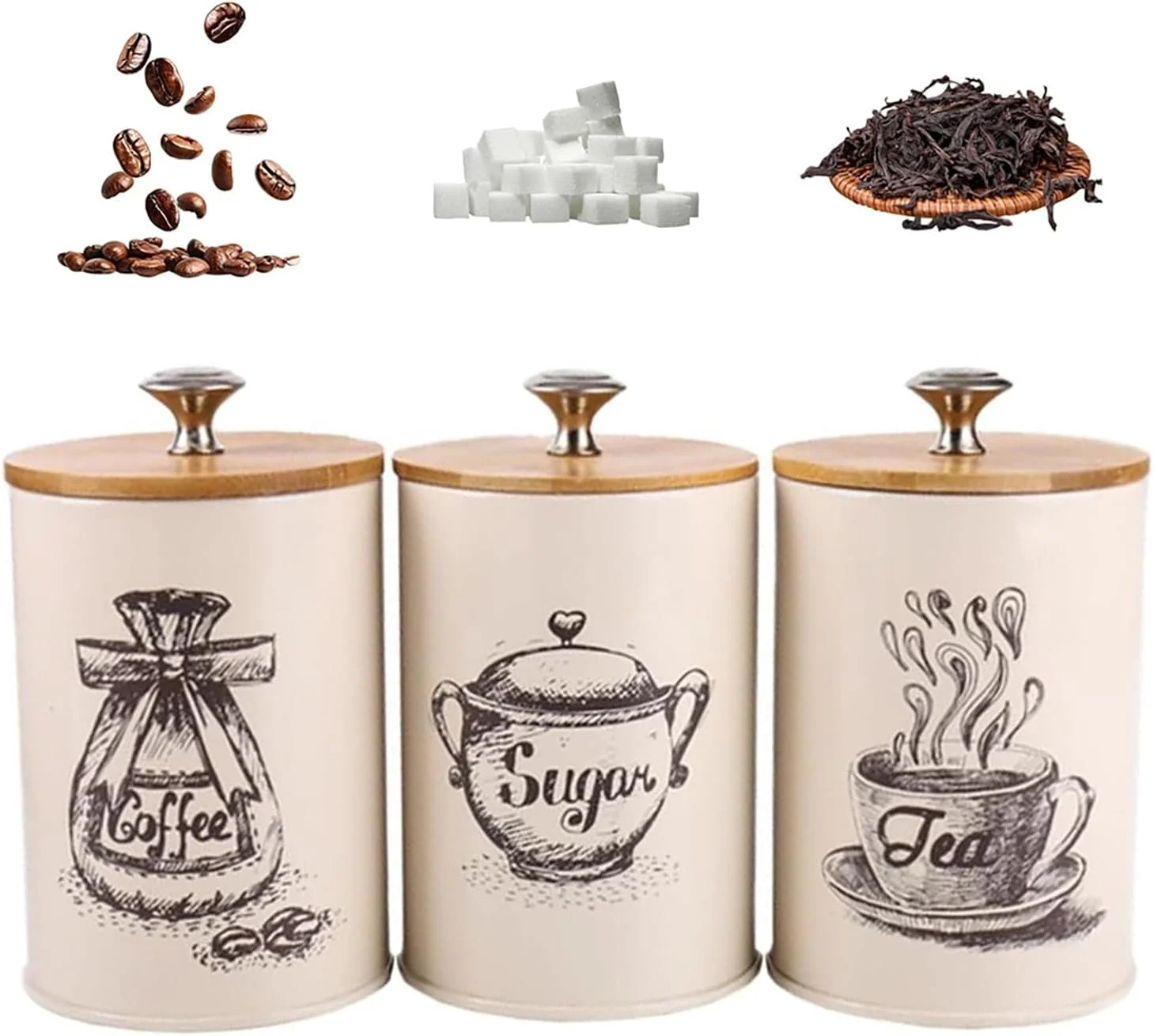 ظروف نگهداری مواد غذایی آشپزخانه Oasisgalore، 3 تکه، قوطی های درب دار برای نگهداری چای، شکر و سایر مواد غذایی