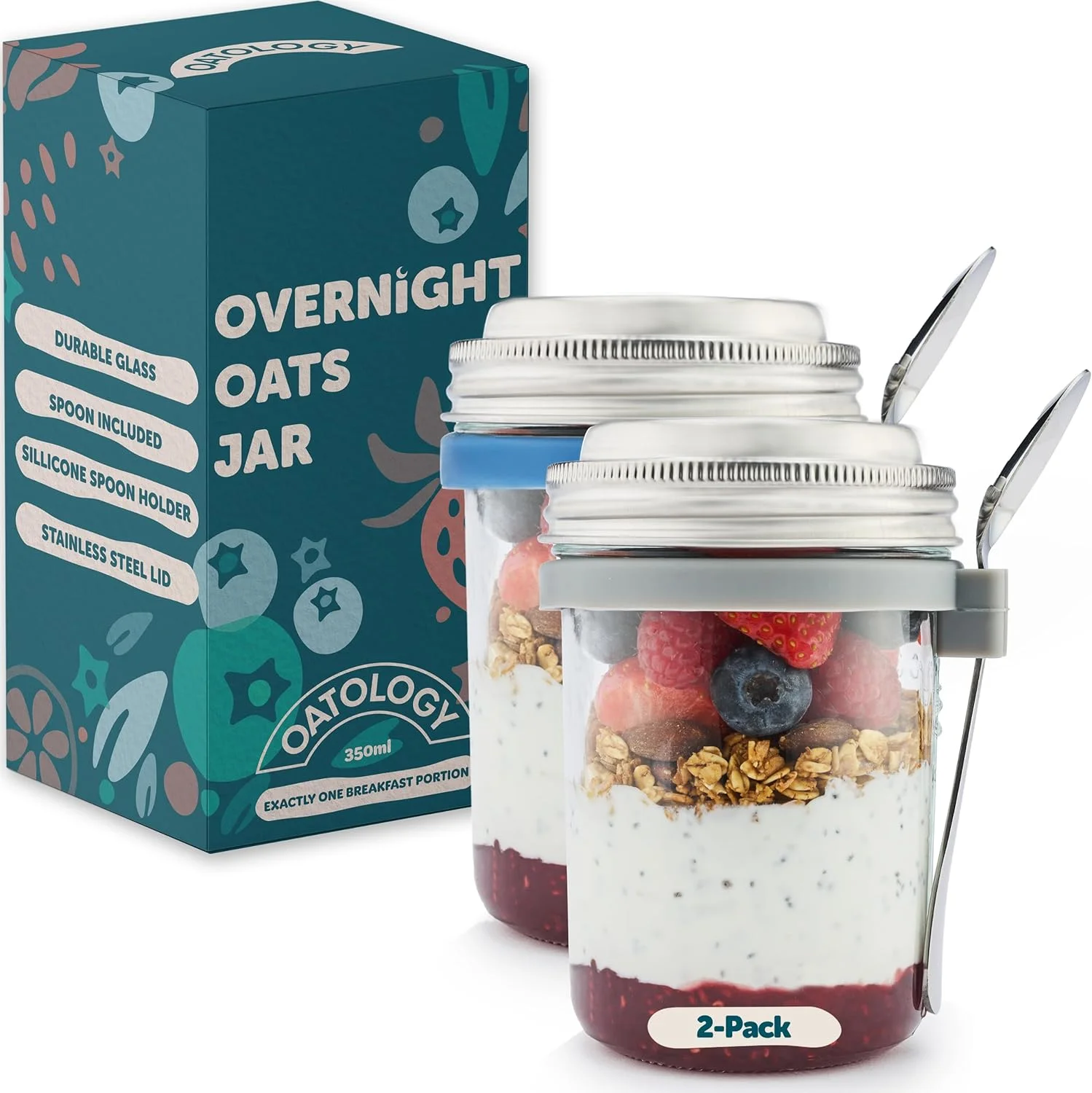 ظرف شیشه ای اوتولوژی برای جو دوسر شبانه با درب | ظرف جو دوسر شبانه، ظروف صبحانه، ظروف شیشه ای میسون با قاشق برای پودینگ چیا، گرانولا، ماست و فرنی | بسته 2 عددی