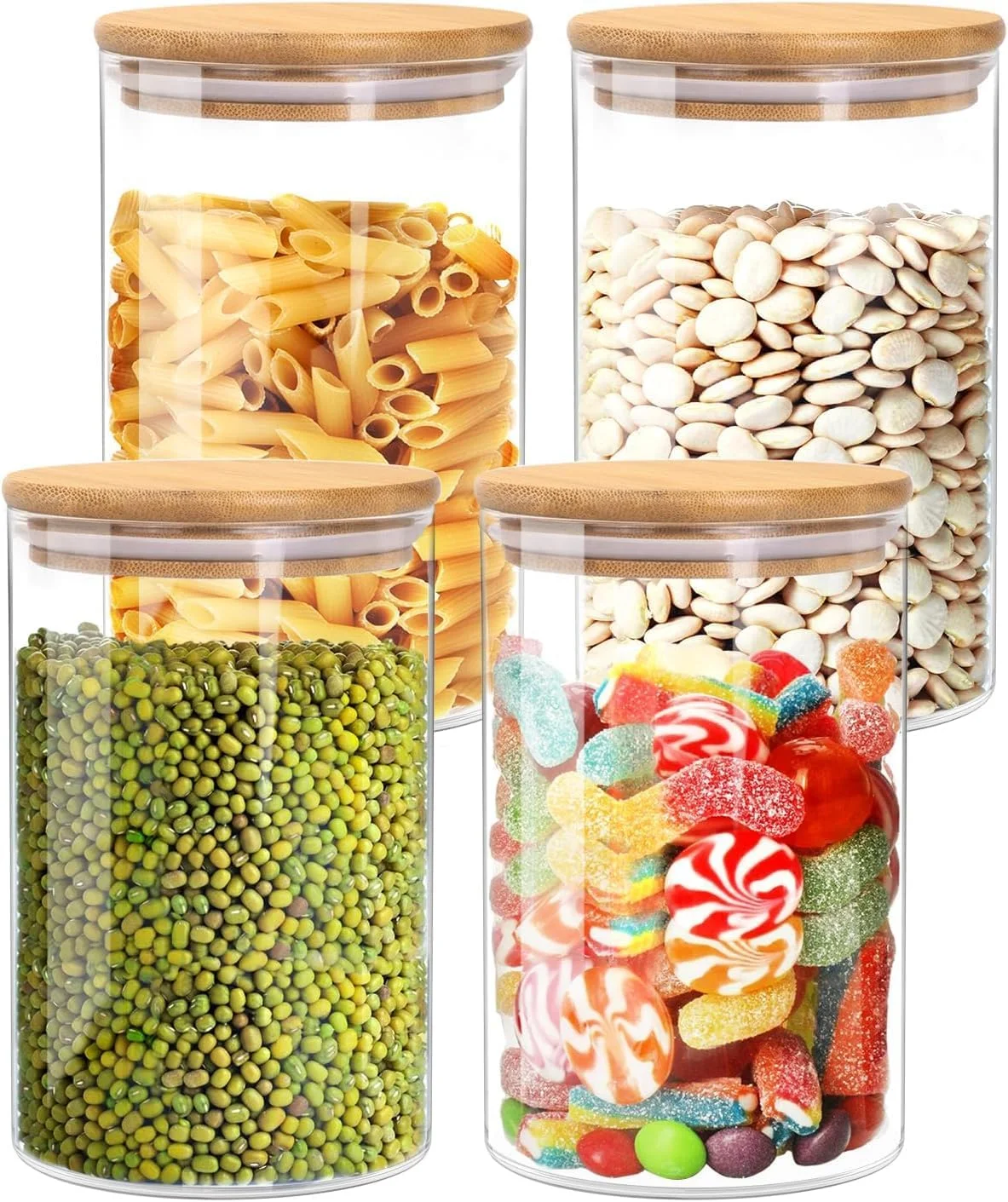 ظروف شیشه ای NimbusNote با درب بامبو، بسته 4 عددی 1100 میلی لیتری، مناسب برای سازماندهی مواد غذایی در آشپزخانه، دهانه باز و شفاف برای دسترسی آسان به آرد، برنج، جو دوسر، تنقلات