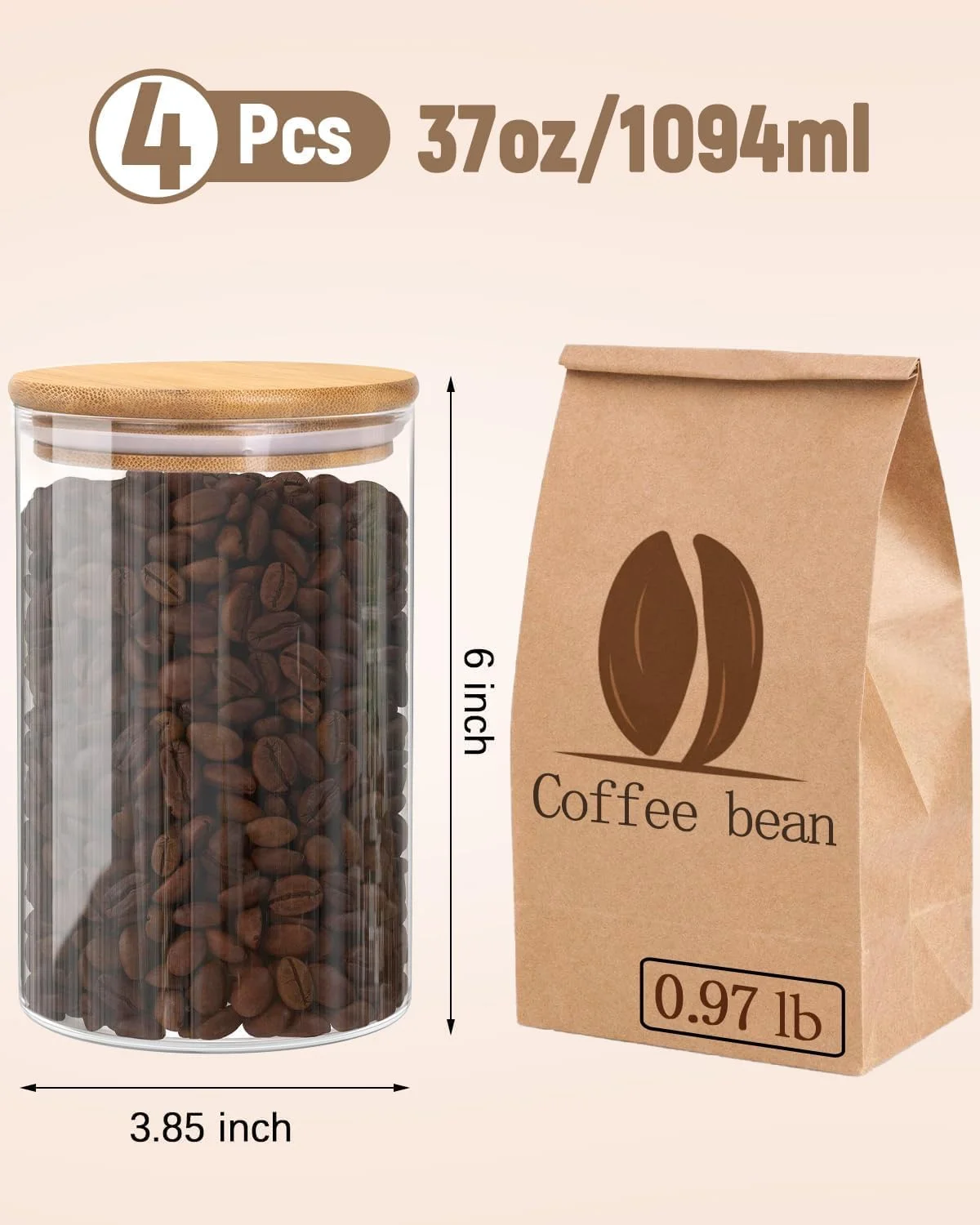 ظروف شیشه ای NimbusNote با درب بامبو، بسته 4 عددی 1100 میلی لیتری، مناسب برای سازماندهی مواد غذایی در آشپزخانه، دهانه باز و شفاف برای دسترسی آسان به آرد، برنج، جو دوسر، تنقلات