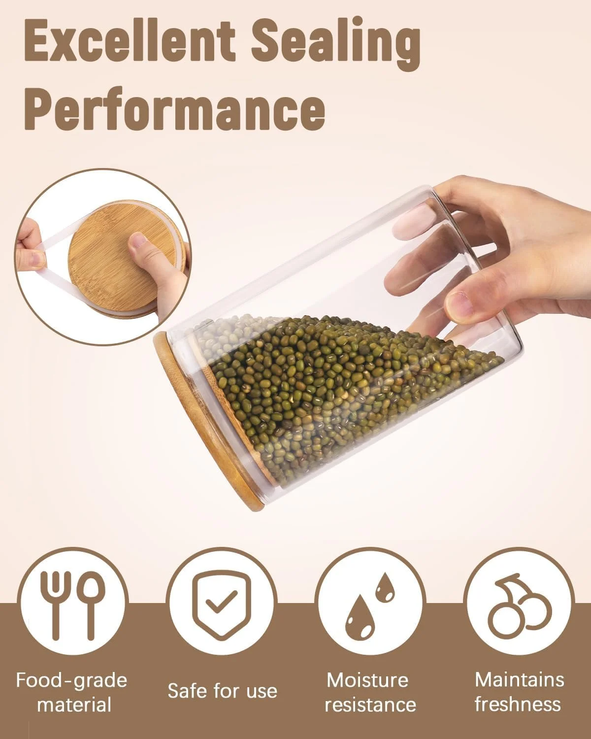 ظروف شیشه ای NimbusNote با درب بامبو، بسته 4 عددی 1100 میلی لیتری، مناسب برای سازماندهی مواد غذایی در آشپزخانه، دهانه باز و شفاف برای دسترسی آسان به آرد، برنج، جو دوسر، تنقلات