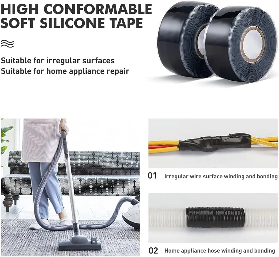 نوار سیلیکونی خود چسب KWSLIN، 2 رول (25 میلی متر × 3 متر) - ضد آب، مقاوم در برابر حرارت و مواد شیمیایی، بدون باقی مانده، نوار سیلیکونی مشکی غیر چسبنده برای تعمیرات اضطراری نشتی لوله، عایق کابل، تعمیر ابزار