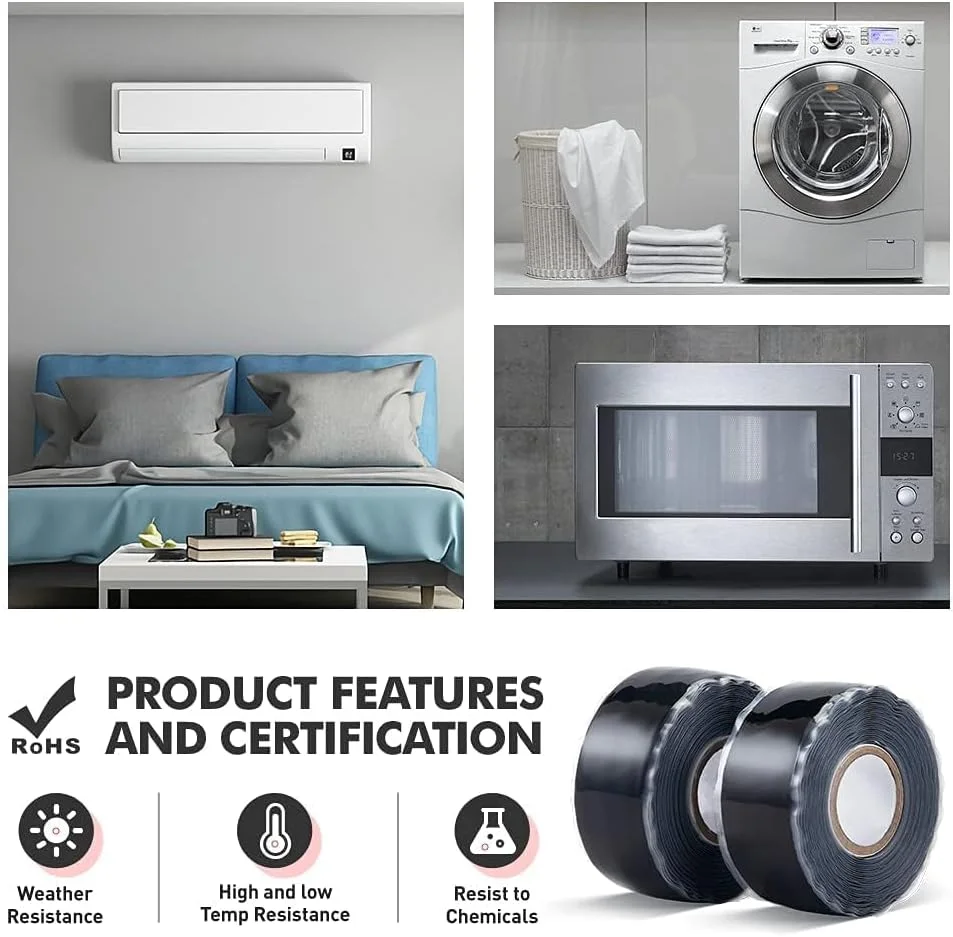 نوار سیلیکونی خود چسب خزنه، 2 رول با عرض 25 میلی متر و طول 3 متر، نوار آب بندی سیلیکونی خود چسب مقاوم در برابر آب و هوا برای تعمیر اضطراری خط لوله/بانداژ کابل/تثبیت ابزار (مشکی)