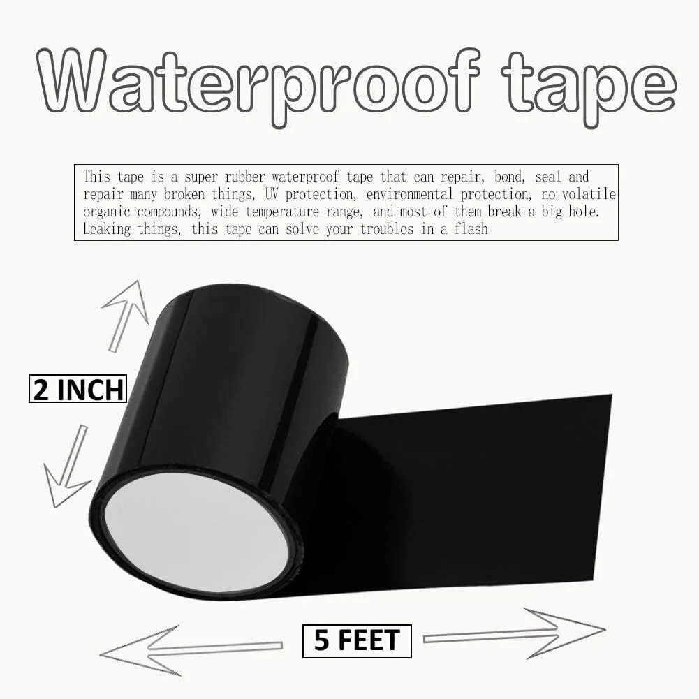 نوار تعمیر ضد آب 2 اینچی POAKER - چسبندگی قوی، نوار آب بندی کشسان مناسب تمام شرایط آب و هوایی برای عایق، سقف، لوله ها، سوراخ ها، ترک ها و استخرها، مخازن، بشکه ها و ظروف نشتی (مشکی، 2 عدد)