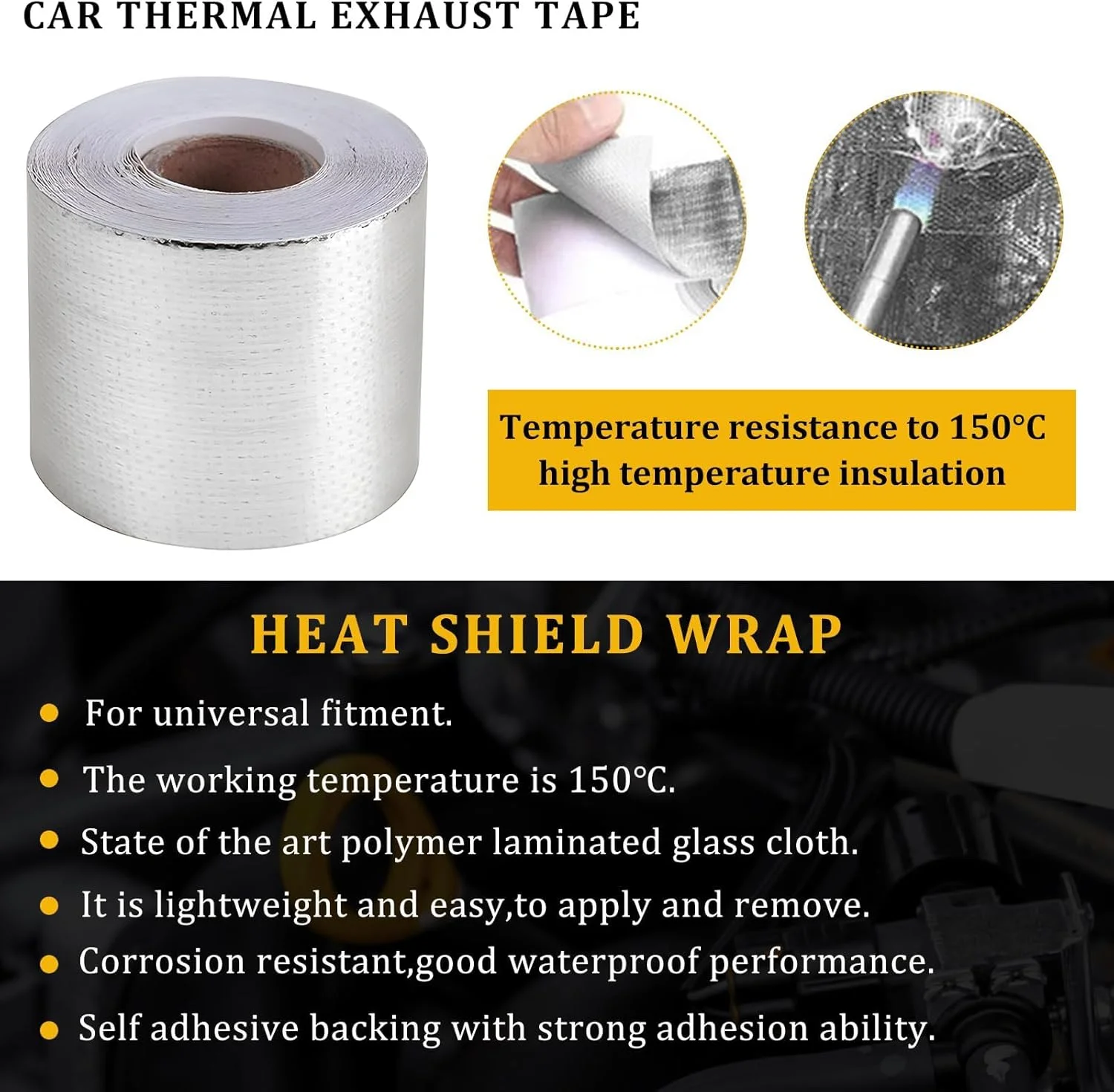 نوار بازتابنده محافظ حرارت، رول عایق حرارتی، رول عایق دمای بالای فویل آلومینیومی، ورق پشتی خود چسب سازگار با لوله ورودی هوای خودرو، محفظه موتور، 2 اینچ × 32.8 فوت