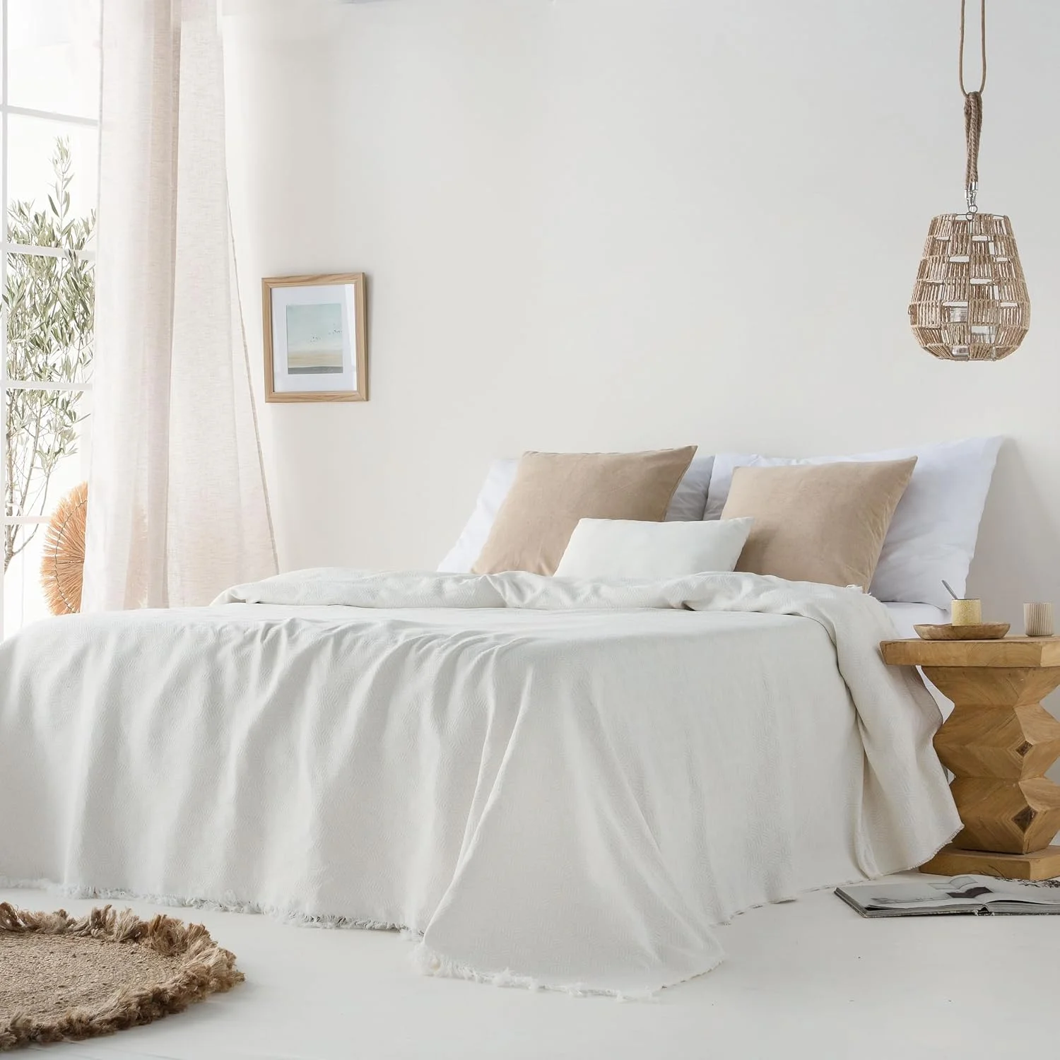 رو تختی و رو مبلی چند منظوره GAMUSI. پتو ملافه ای طرح دار، پتو مبلی، نرم، هندسی، پنبه ای – 180 x 140 سانتی متر، کرم