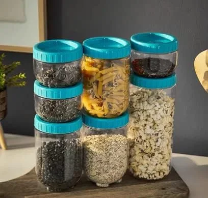ست ظروف نگهداری مواد غذایی چند منظوره، ست ادویه پلاستیکی با درب گرد برای انبار، چای، گیاهان دارویی، شکر، قفل هواگیر، قهوه، طراحی قابل چیدن {7 عدد 3x500 میلی لیتر 3 x 1200 میلی لیتر 1x 1700 میلی لیتر}