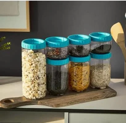ست ظروف نگهداری مواد غذایی چند منظوره، ست ادویه پلاستیکی با درب گرد برای انبار، چای، گیاهان دارویی، شکر، قفل هواگیر، قهوه، طراحی قابل چیدن {7 عدد 3x500 میلی لیتر 3 x 1200 میلی لیتر 1x 1700 میلی لیتر}