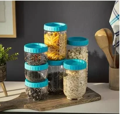 ست ظروف نگهداری مواد غذایی چند منظوره، ست ادویه پلاستیکی با درب گرد برای انبار، چای، گیاهان دارویی، شکر، قفل هواگیر، قهوه، طراحی قابل چیدن {7 عدد 3x500 میلی لیتر 3 x 1200 میلی لیتر 1x 1700 میلی لیتر}