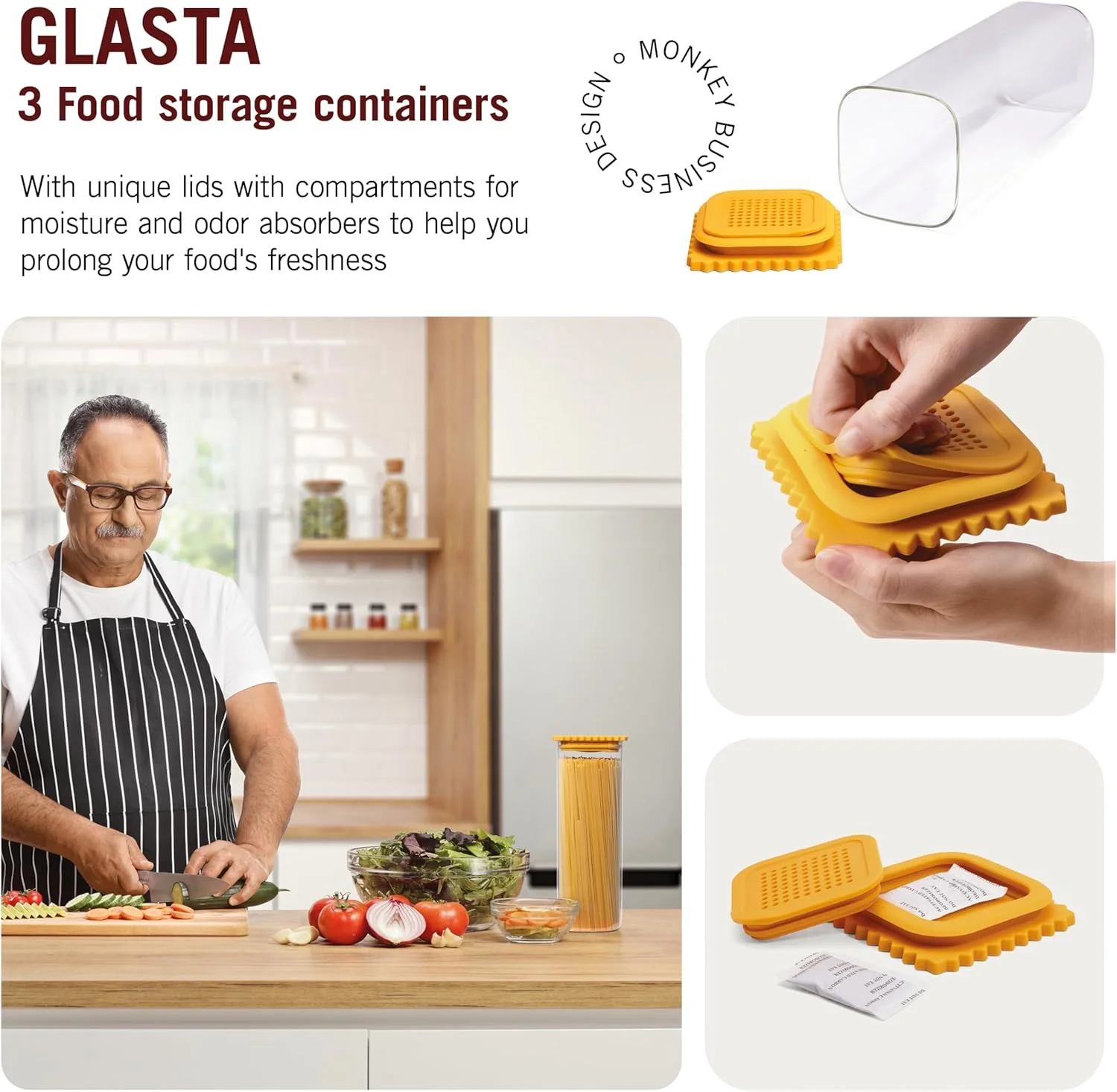 ظروف شیشه ای نگهداری مواد غذایی درب دار Monkey Business GLASTA، شیشه ای شفاف با درب سیلیکونی و جاذب رطوبت، ظروف مناسب پاستا، قهوه و غلات (بسته 3 عددی)