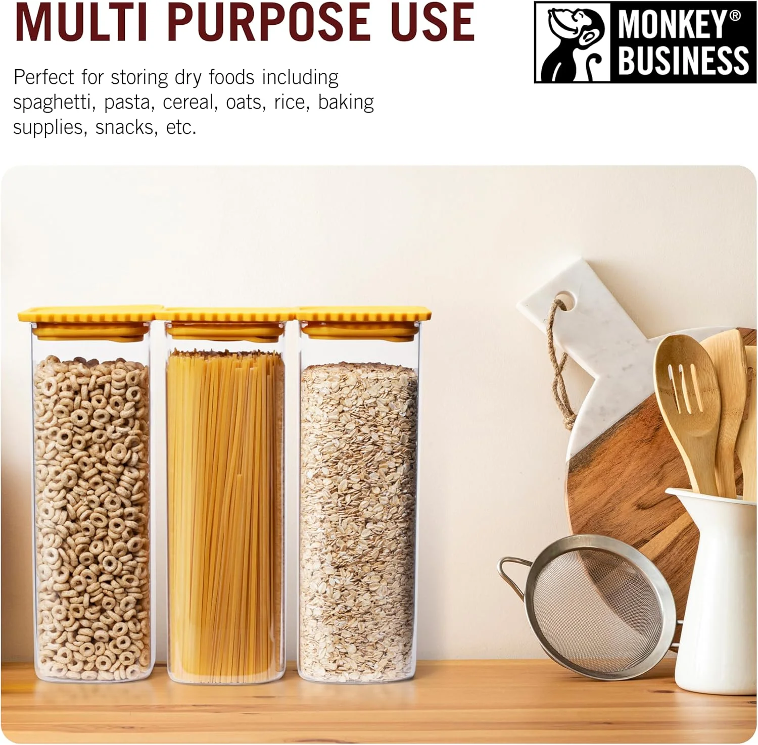 ظروف شیشه ای نگهداری مواد غذایی درب دار Monkey Business GLASTA، شیشه ای شفاف با درب سیلیکونی و جاذب رطوبت، ظروف مناسب پاستا، قهوه و غلات (بسته 3 عددی)