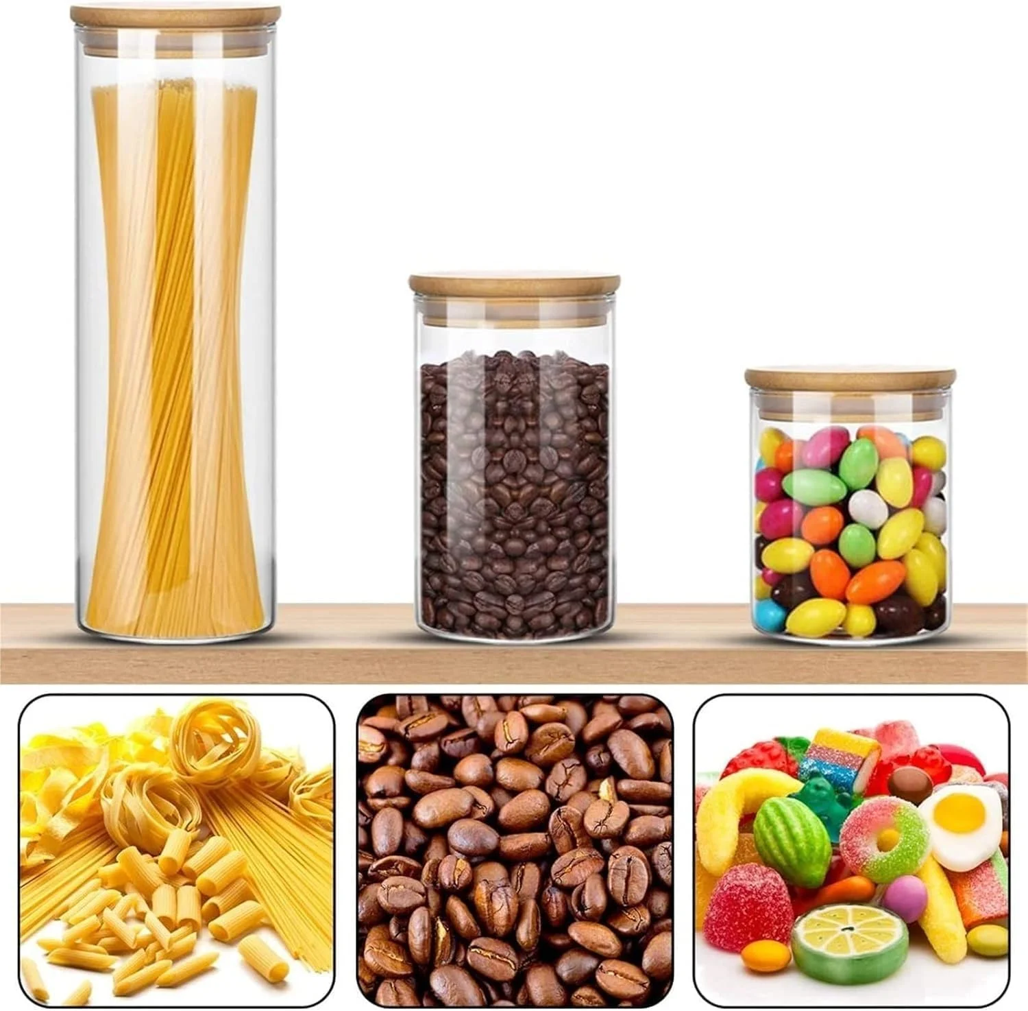 ست 3 عددی ظروف شیشه ای MONOCUS™ با درب بامبو، ظروف بوروسیلیکات هوابند، مجموعه ظروف نگهداری مواد غذایی شفاف در اندازه های مختلف برای حبوبات، اسپاگتی، پاستا، غلات و گیاهان دارویی