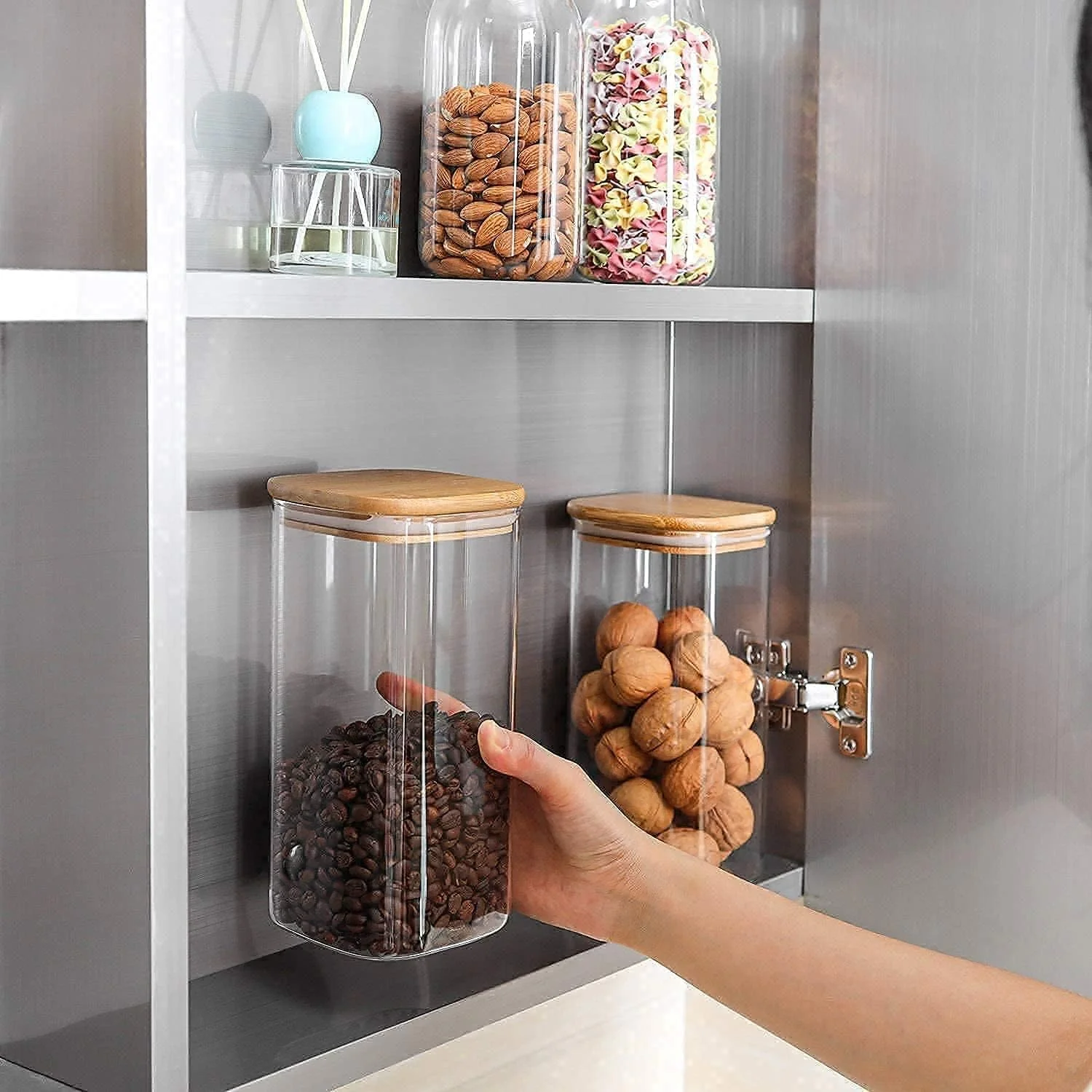 ظروف شیشه ای موناکوس™، 1 عدد، ظرف کوکی بوروسیلیکات بالا، مجموعه ظروف نگهداری مواد غذایی شفاف برای حبوبات، اسپاگتی، پاستا، غلات و گیاهان، ظروف نگهداری مواد غذایی درب بامبو