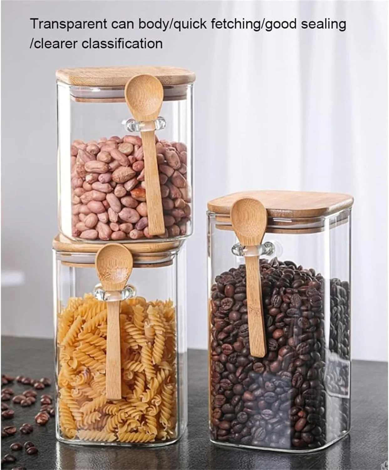ست 3 عددی ظروف شیشه ای درب دار و قاشق دار MOTIM، مناسب برای نگهداری مواد غذایی در خانه، آشپزخانه و سازماندهی انباری، ایده آل برای آرد، شکر، قهوه، آب نبات، تنقلات و موارد دیگر (1500 میلی لیتر)