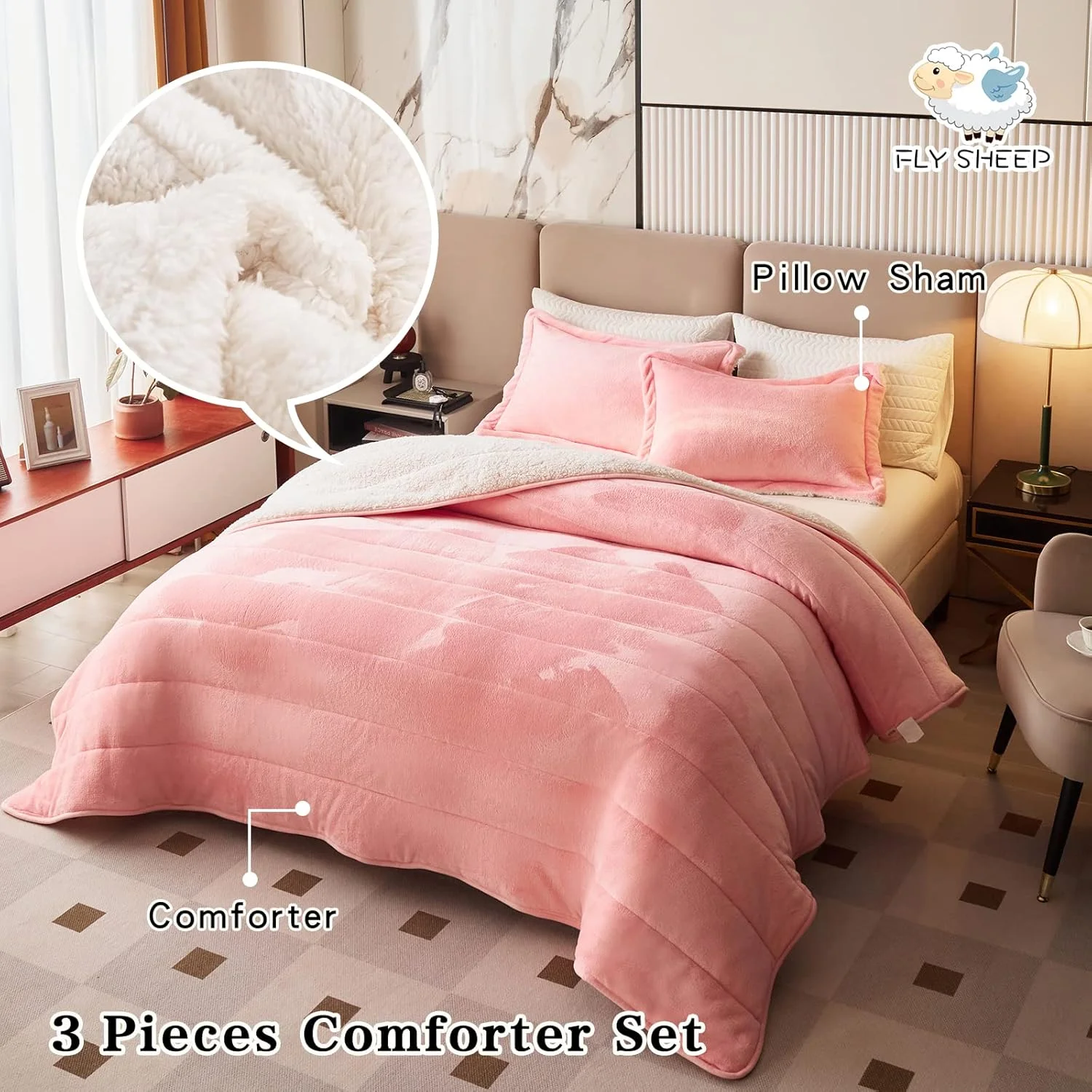 پتو سه لایه ضخیم و لوکس پشمی فلانل FlySheep، سایز کینگ، صورتی گلگون، پتوی نرم و مخملی شرپا به همراه 2 روبالشتی، سنگین و گرم برای زمستان، قابل تنفس و شستشو، صورتی