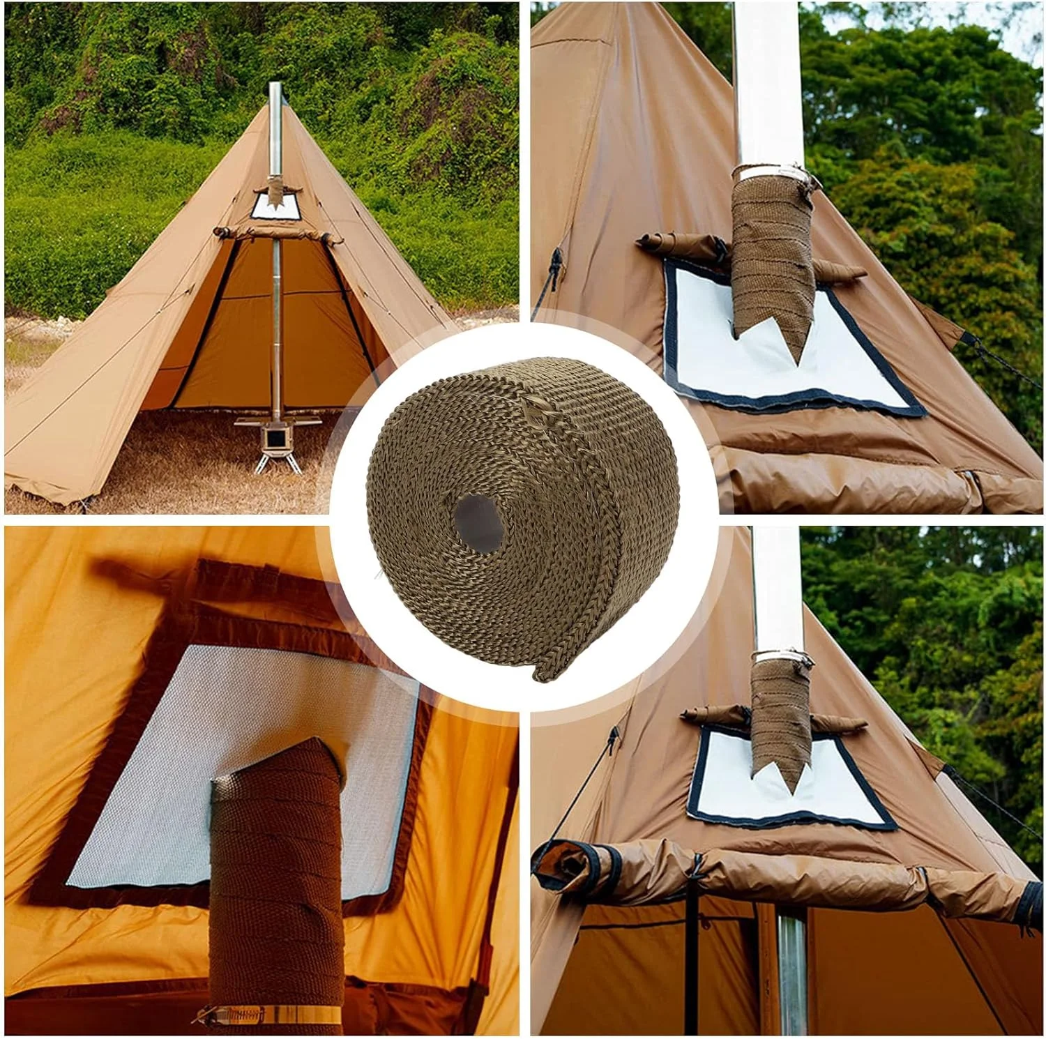 نوار عایق لوله مقاوم در برابر آتش، نوار حرارتی الیاف بازالت، عایق لوله مقاوم در برابر حرارت به طول 5 متر، محافظ ضد سوختگی لوله دودکش اجاق گاز با 2 عدد بست قابل تنظیم برای فضای باز