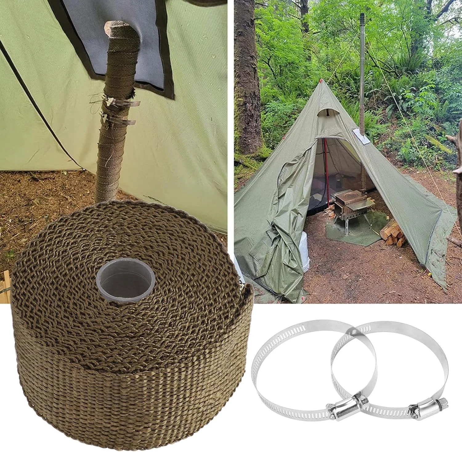 نوار عایق لوله مقاوم در برابر آتش، نوار حرارتی الیاف بازالت، عایق لوله مقاوم در برابر حرارت به طول 5 متر، محافظ ضد سوختگی لوله دودکش اجاق گاز با 2 عدد بست قابل تنظیم برای فضای باز