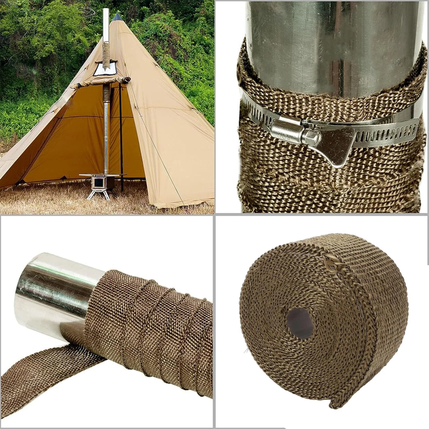 نوار عایق لوله مقاوم در برابر آتش، نوار حرارتی الیاف بازالت، عایق لوله مقاوم در برابر حرارت به طول 5 متر، محافظ ضد سوختگی لوله دودکش اجاق گاز با 2 عدد بست قابل تنظیم برای فضای باز