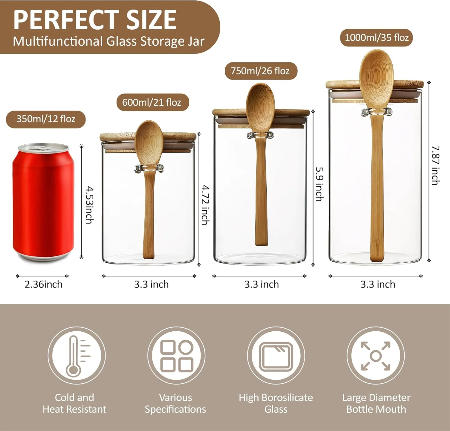 ظرف شیشه ای شفاف 420 میلی لیتری مولادری با قاشق چوبی، ظرف شیشه ای کوچک درب دار برای نگهداری نمک حمام، شکر، ادویه، قهوه، چای ماچا، چاشنی، فلفل