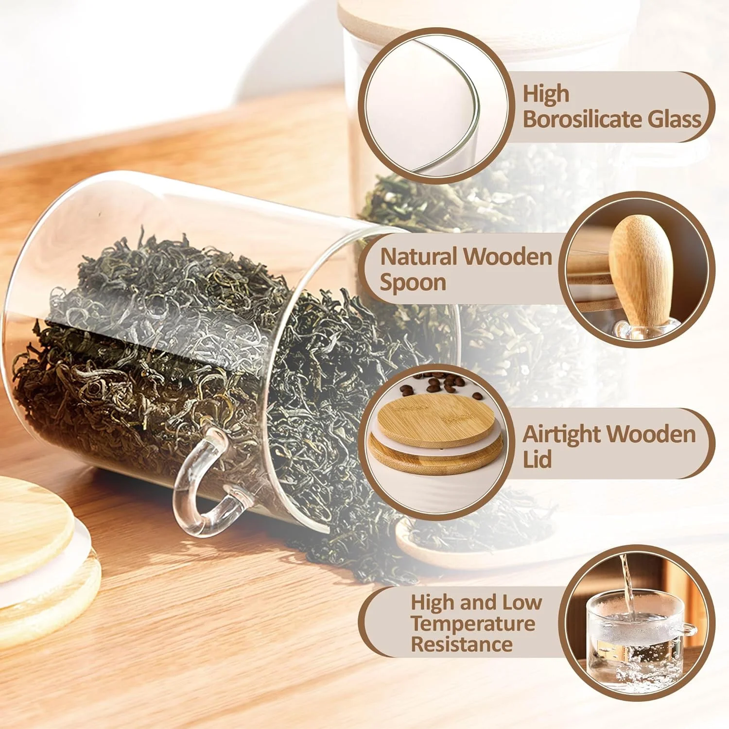 ظرف شیشه ای شفاف 420 میلی لیتری مولادری با قاشق چوبی، ظرف شیشه ای کوچک درب دار برای نگهداری نمک حمام، شکر، ادویه، قهوه، چای ماچا، چاشنی، فلفل