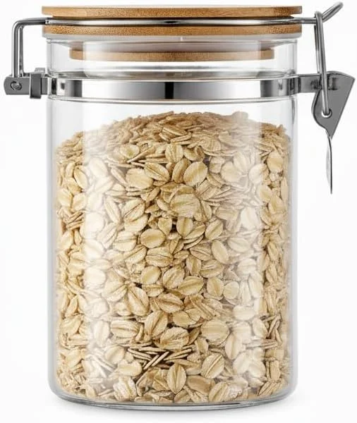 ظرف شیشه ای بوروسیلیکات ممتاز میستریس 950 میلی لیتری (گنجایش 500-700 گرم) - ظرف نگهداری مواد غذایی درب دار برای قهوه، چای، ادویه جات، شکر | فاقد BPA، ظرف آشپزخانه ضد نشت