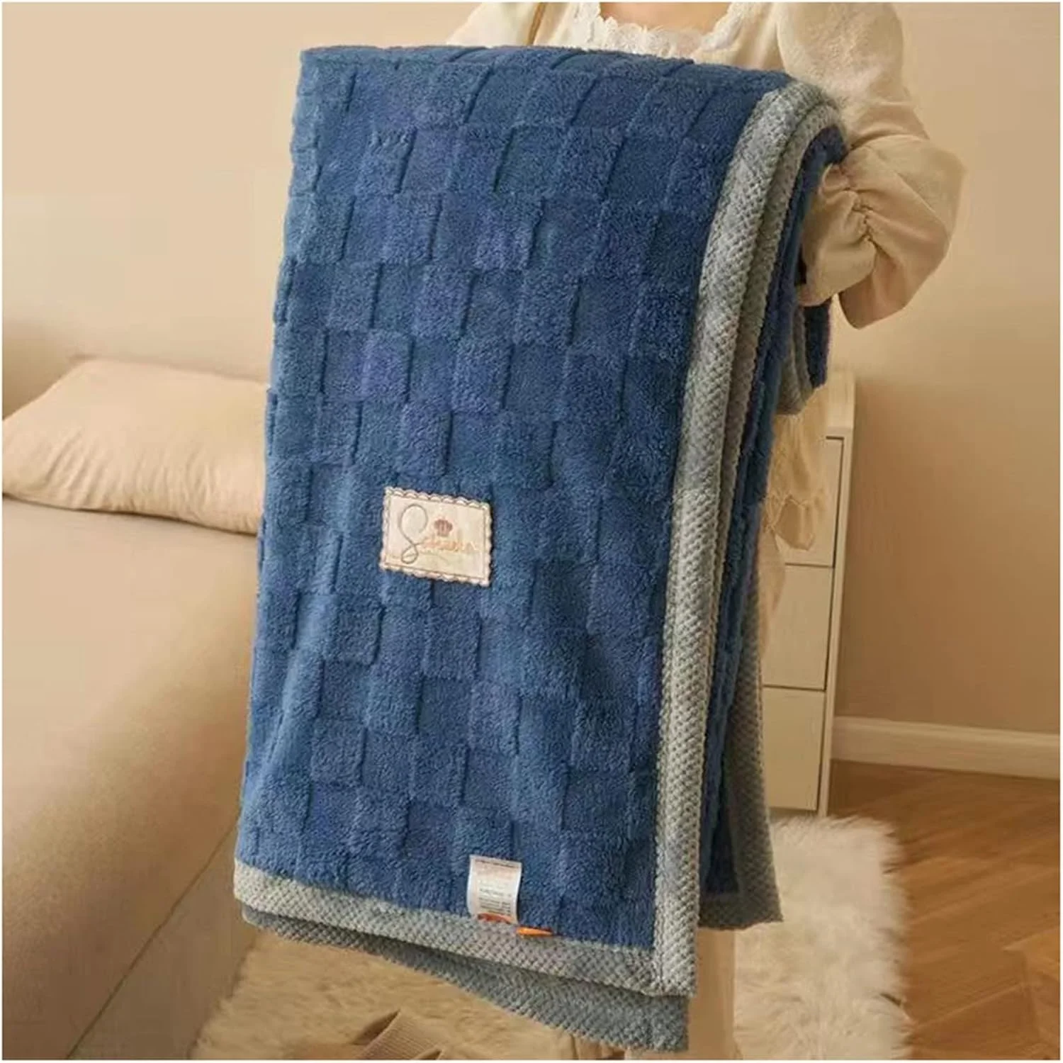 پتوی سنگین فلانل، پتوی سنگین با پشم گوسفند نرم و لطیف، پتوی سنگین دو طرفه فوق العاده نرم و کرکی (آبی، 220 x 240 سانتی متر)