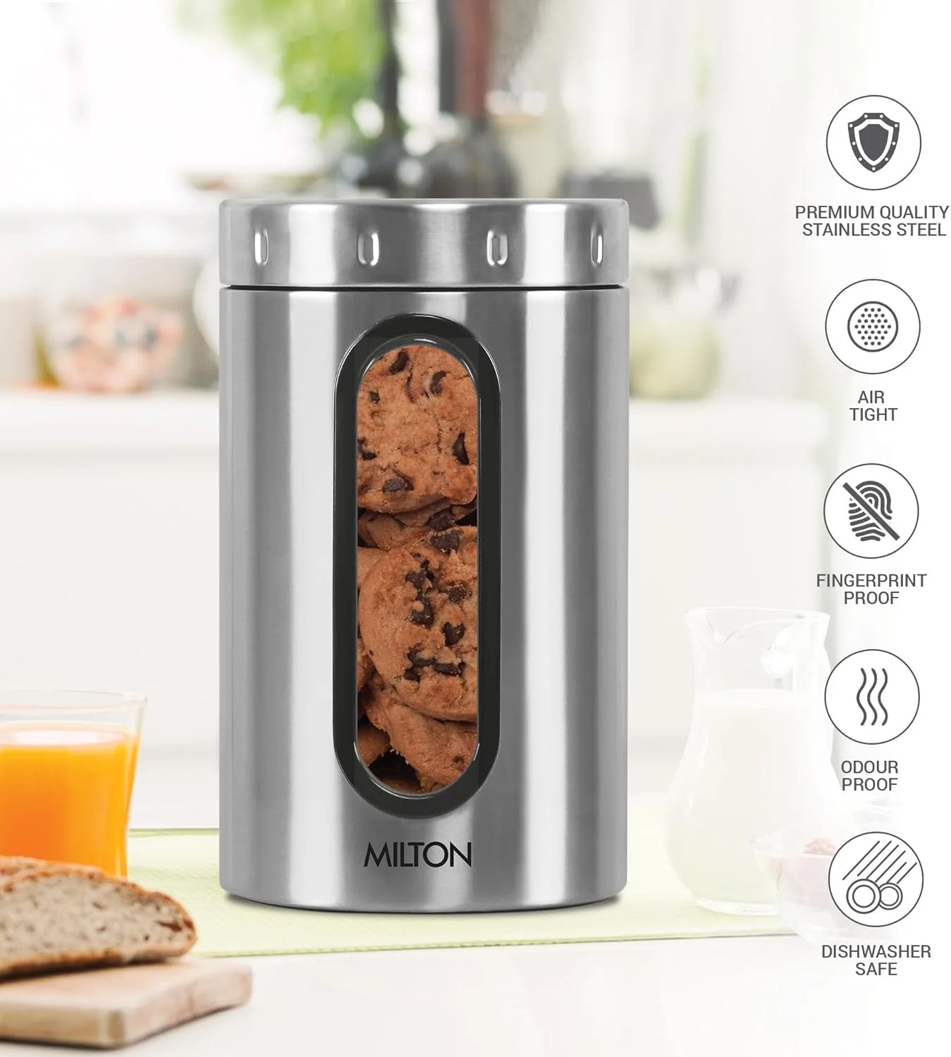 ظرف نگهداری استیل MILTON مدل Crispy 1500، حجم 1.45 لیتر، نقره ای | سبک وزن | ضد بو | قابل شستشو در ماشین ظرفشویی | دارای درب محکم | تک جداره | تمیز کردن آسان | ظرف آشپزخانه