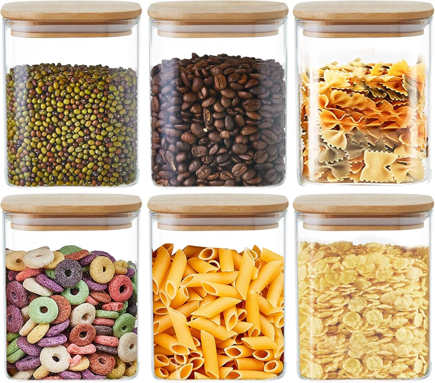 ظروف شیشه ای ذخیره سازی مواد غذایی 800 میلی لیتری MESNEY با درب بامبو - ظروف دربسته و قابل چیدن برای آشپزخانه و انبار - ظروف شیشه ای شفاف سازگار با محیط زیست برای مواد غذایی خشک، قهوه، تنقلات و موارد دیگر (6 عددی)