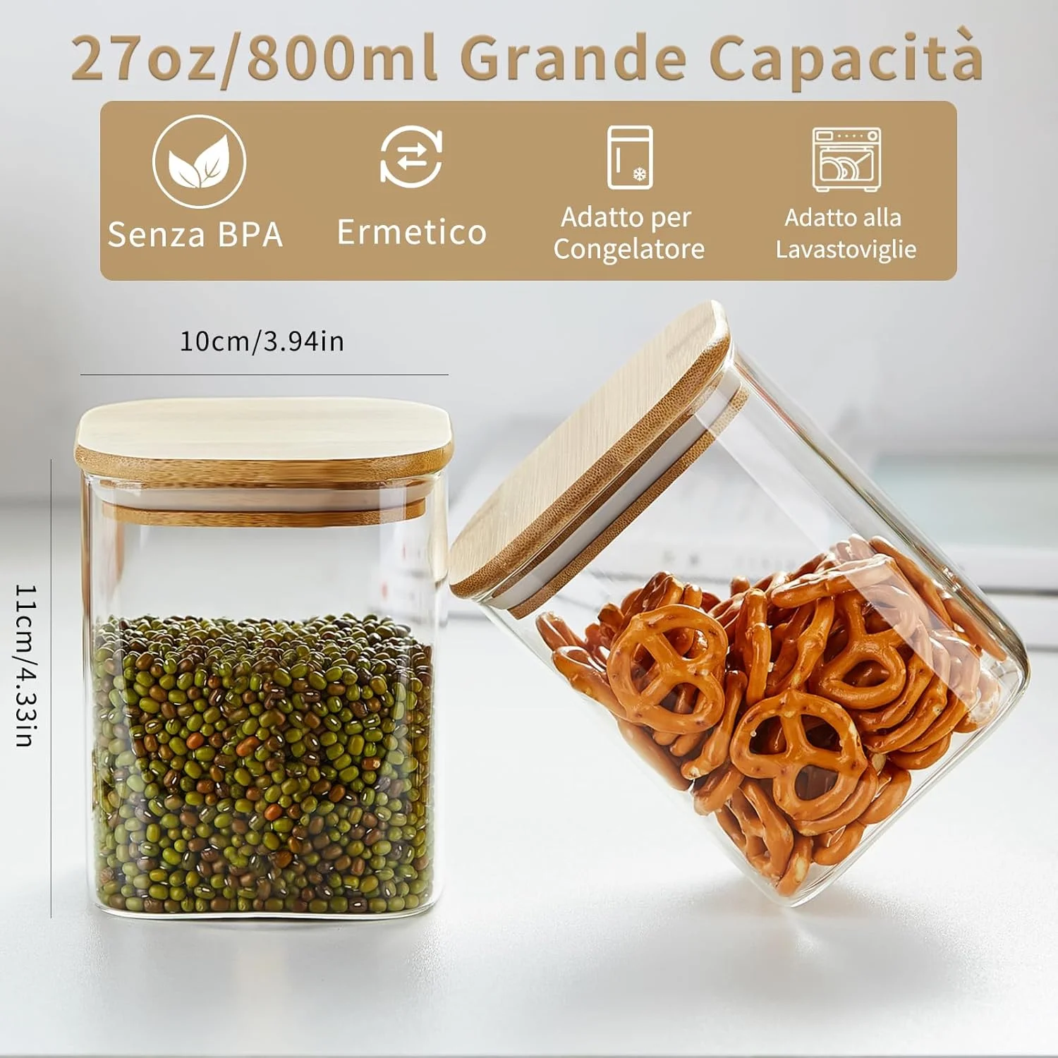 ظروف شیشه ای ذخیره سازی مواد غذایی 800 میلی لیتری MESNEY با درب بامبو - ظروف دربسته و قابل چیدن برای آشپزخانه و انبار - ظروف شیشه ای شفاف سازگار با محیط زیست برای مواد غذایی خشک، قهوه، تنقلات و موارد دیگر (6 عددی)