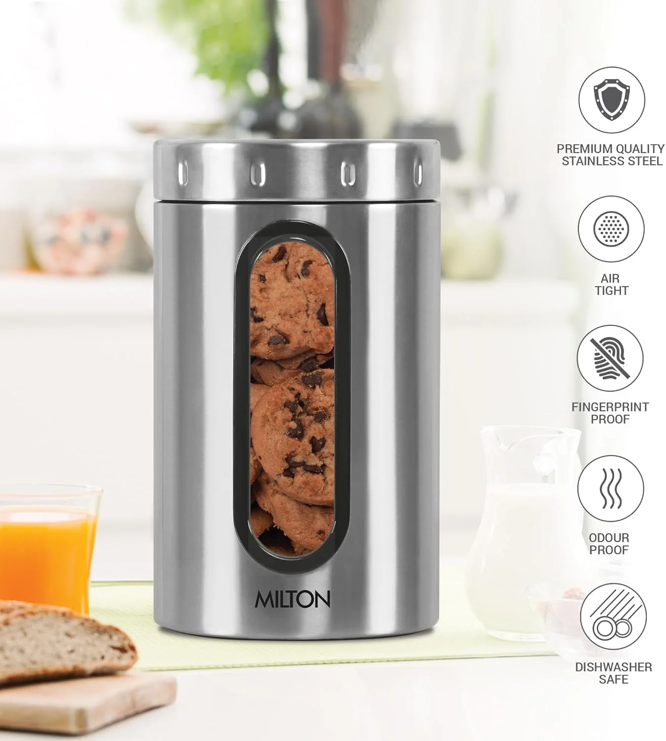 ظرف نگهداری استیل MILTON مدل Crispy 2000، ظرفیت 2 لیتر، نقره ای | سبک وزن | ضد بو | قابل شستشو در ماشین ظرفشویی | ضد هوا | تک جداره | تمیز کردن آسان | ظرف آشپزخانه