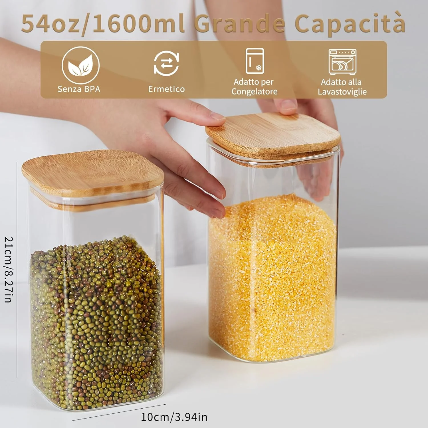 ظروف شیشه ای ذخیره سازی مواد غذایی 800 میلی لیتری MESNEY با درب بامبو - ظروف دربسته و قابل چیدن برای آشپزخانه و انبار - ظروف شیشه ای شفاف سازگار با محیط زیست برای مواد غذایی خشک، قهوه، تنقلات و موارد دیگر (6 عددی)