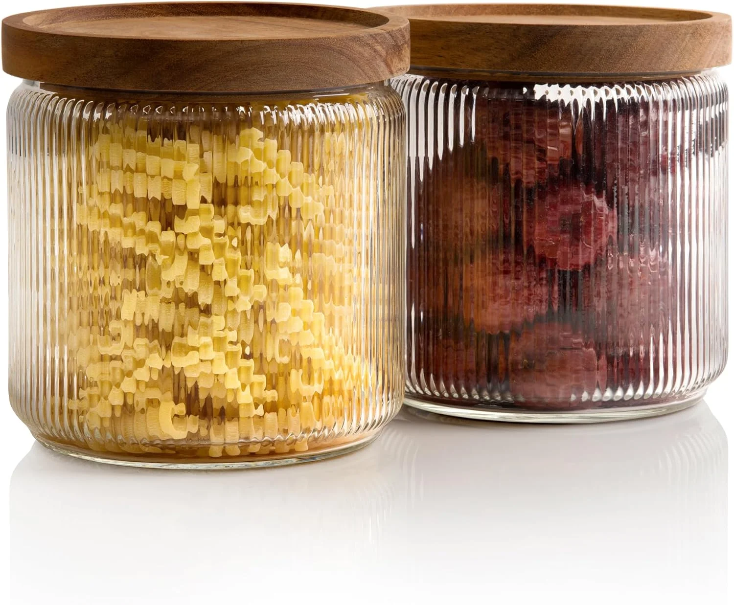 Mason & Fable Ribbed Glass Jar, Stackable & Airtight Wooden Lid- Storage Canister for Cereal, Pasta, Rice/Flour - High End Look for Kitchen, Pantry, Bar Organization - 40oz, Set of 2 Mason & Fable Ribbed Glass Jar, Stackable & Airtight Wooden Lid- Storage Canister for Cereal, Pasta, Rice/Flour - High End Look for Kitchen, Pantry, Bar Organization - 40oz, Set of 2